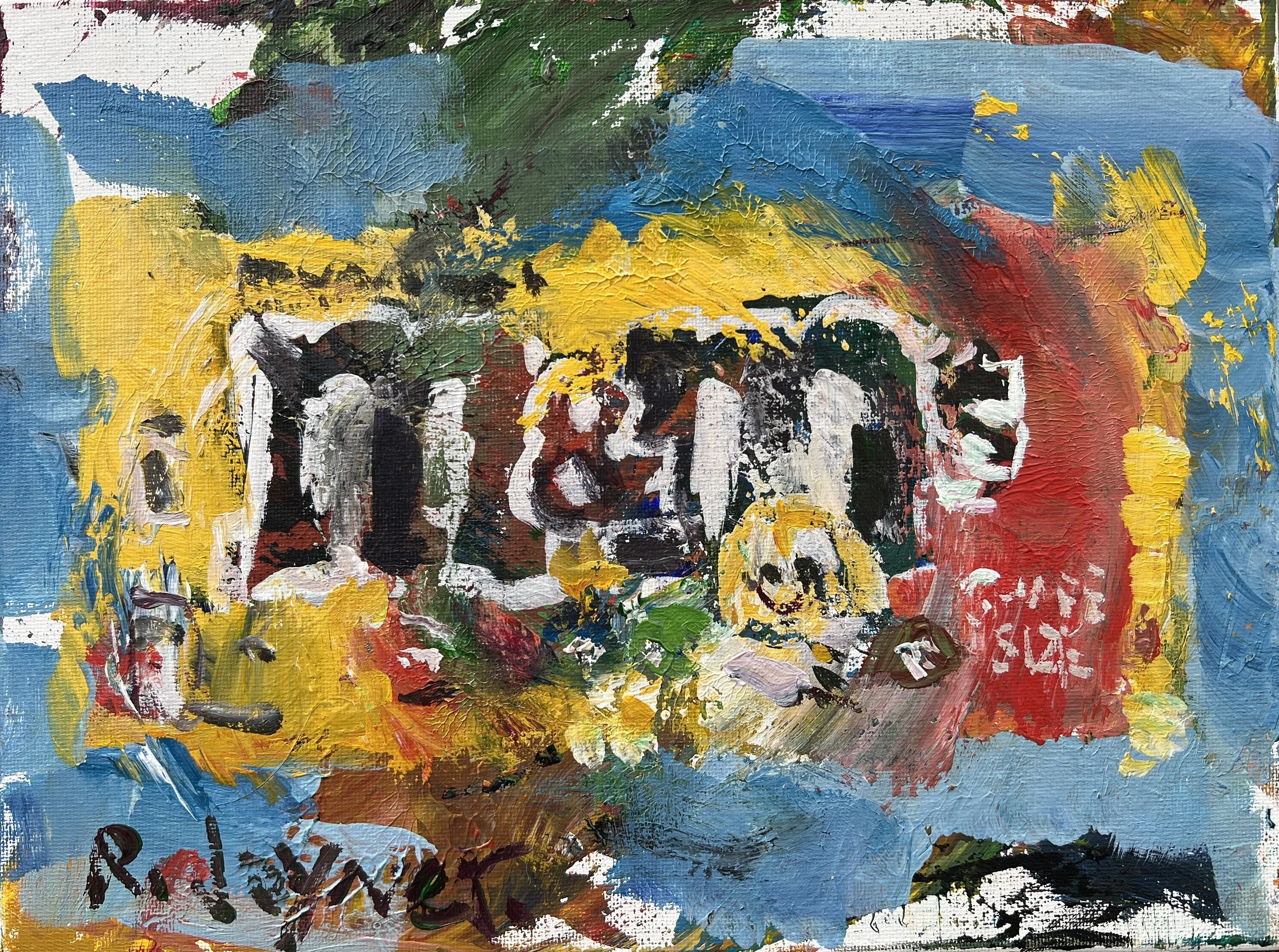 Bold expressive painting of peanut M&M's yellow candy bag with colorful M&Ms, acrylics on 12x9 canvas - game room wall art