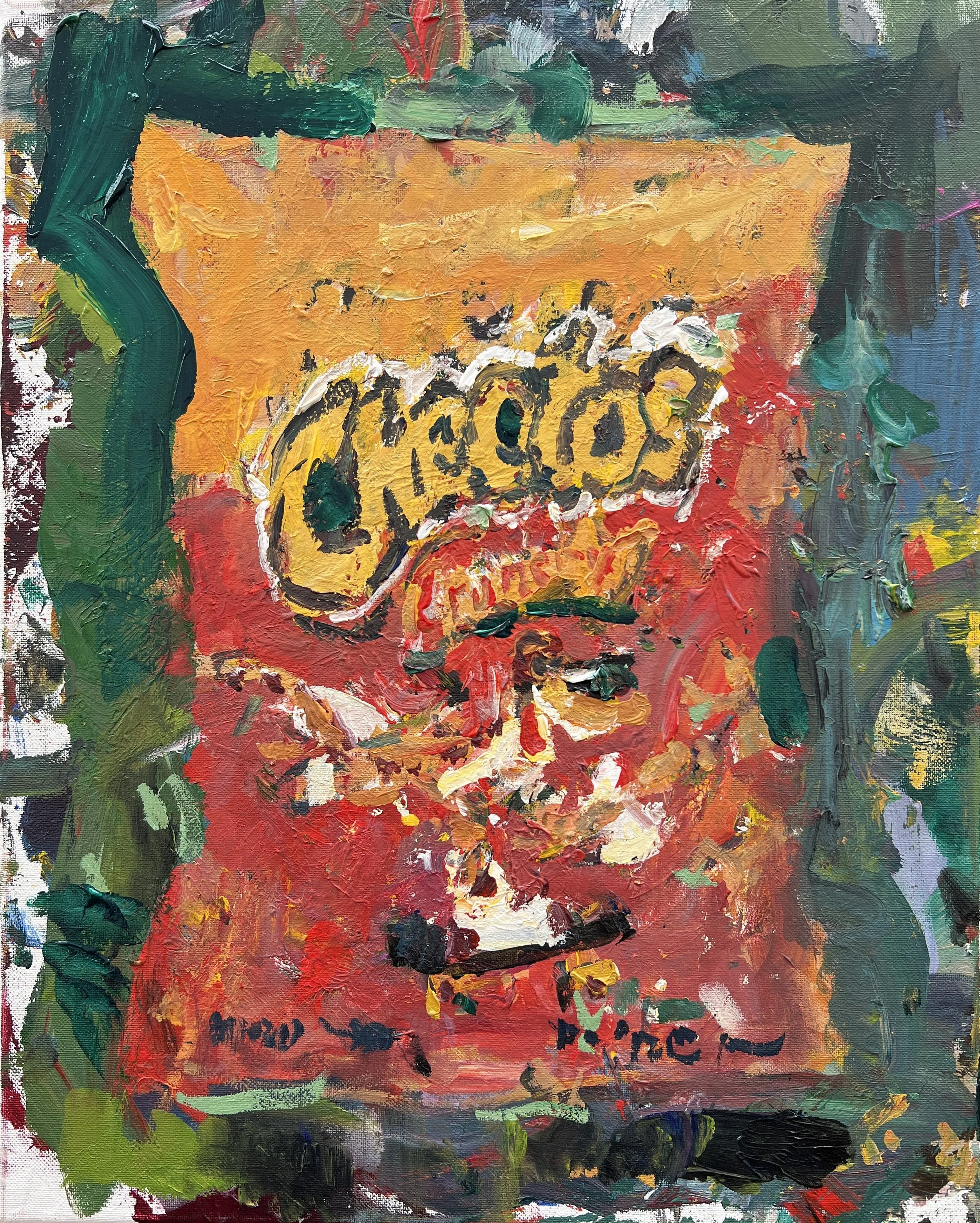 Bold expressive painting of Crunchy Cheetos orange bag with cheetah logo, acrylics on 20x16 canvas - game room wall art