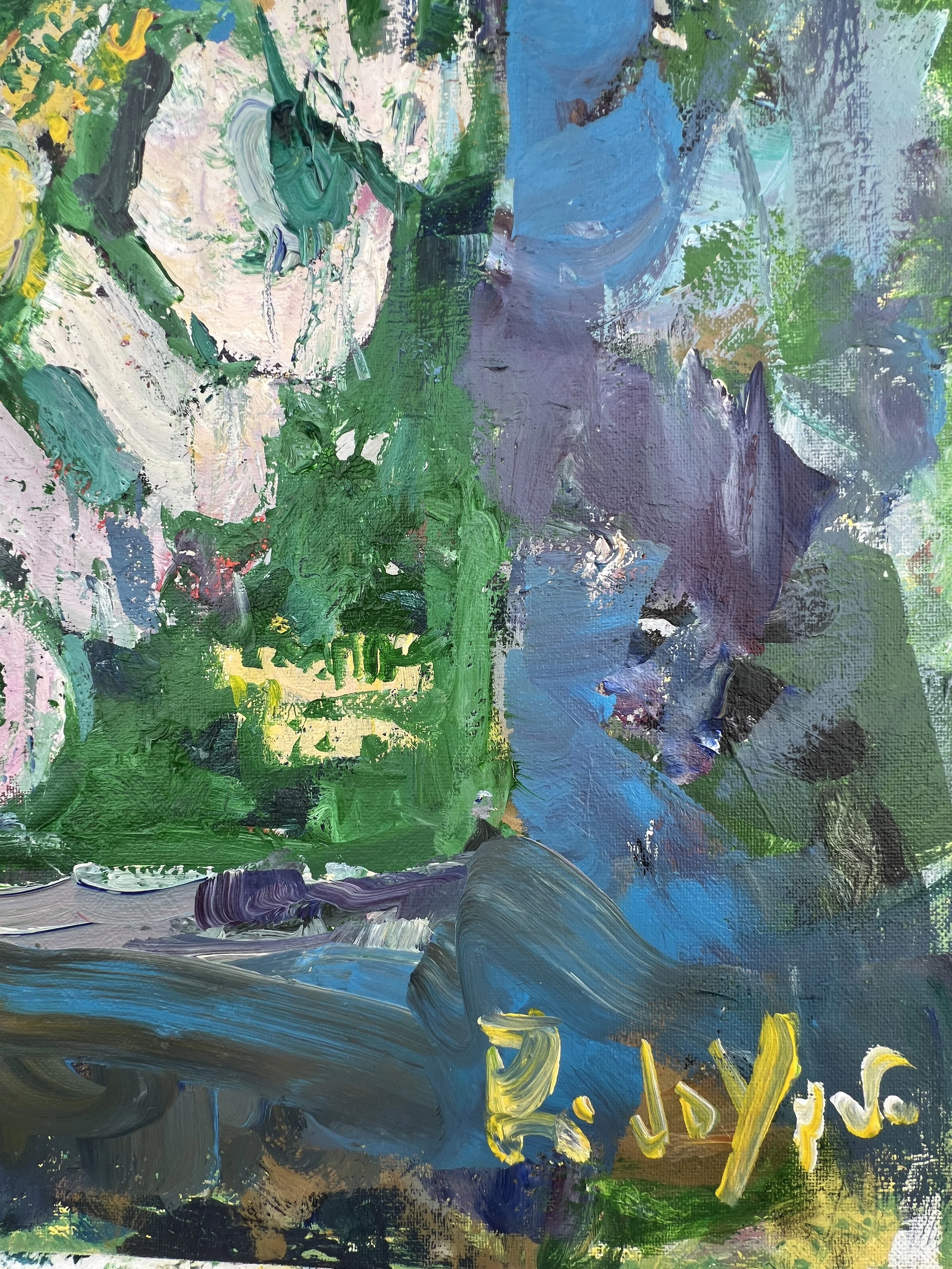 Bold expressive painting of Slice ginger ale green can with bold logo in vibrant colors, acrylics on 20x16 canvas - close up 5