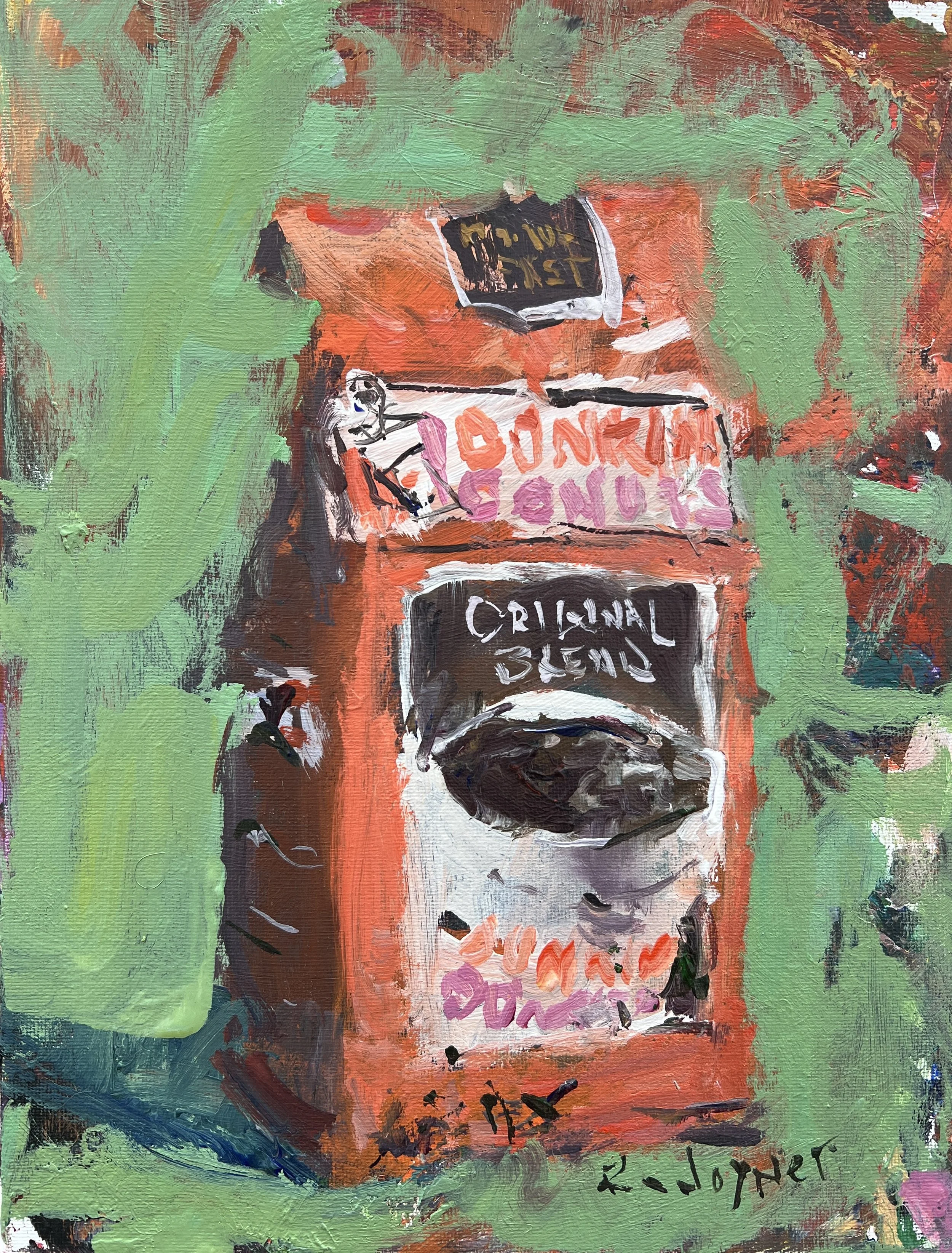 Loose expressive original painting of Dunkin' Donuts coffee bag in orange and brown on canvas - kitchen wall art