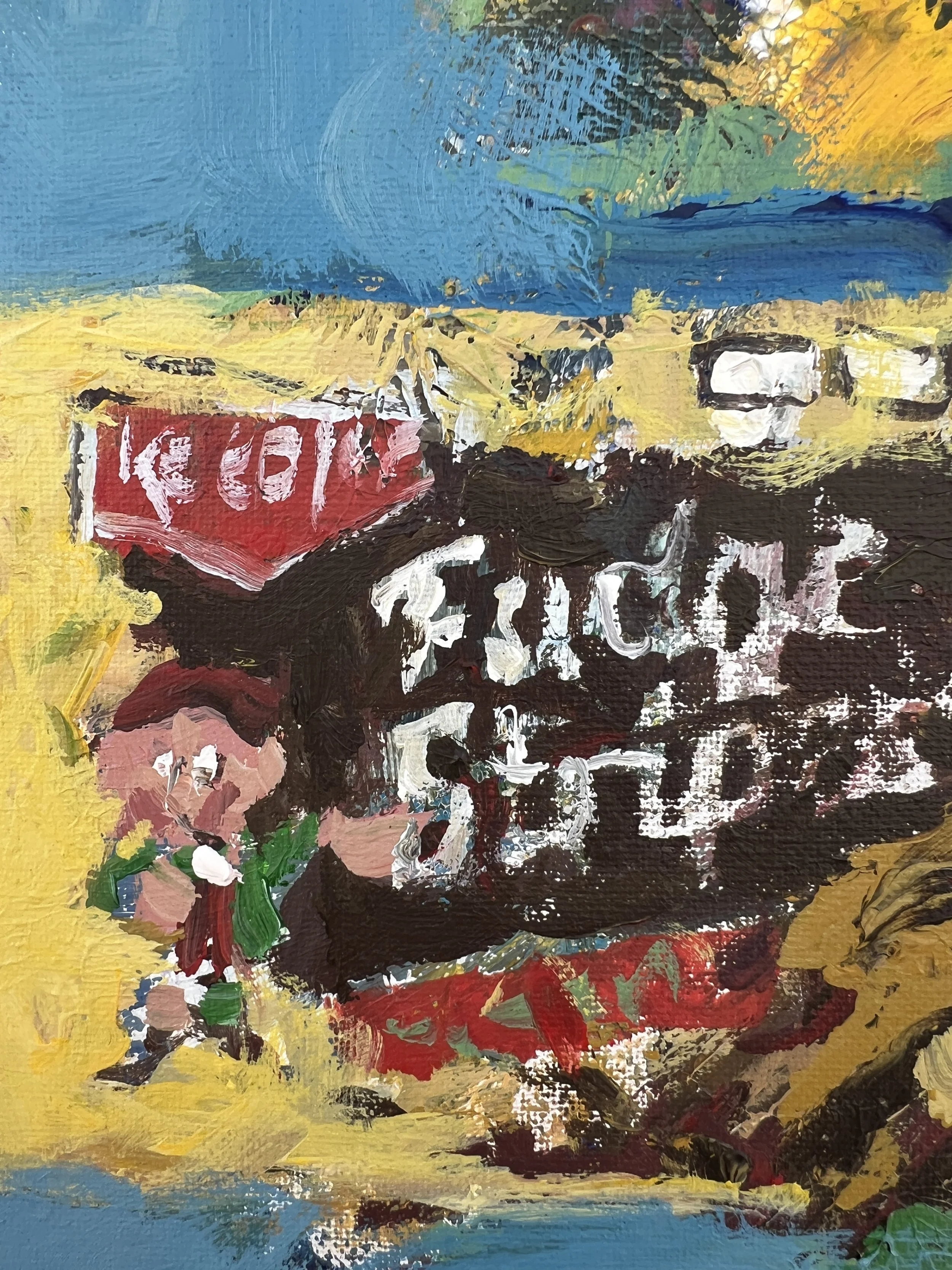 Loose expressive painting of Five Guys cup with red lettering and bold brushwork, acrylic on 12x9 canvas - close up 2