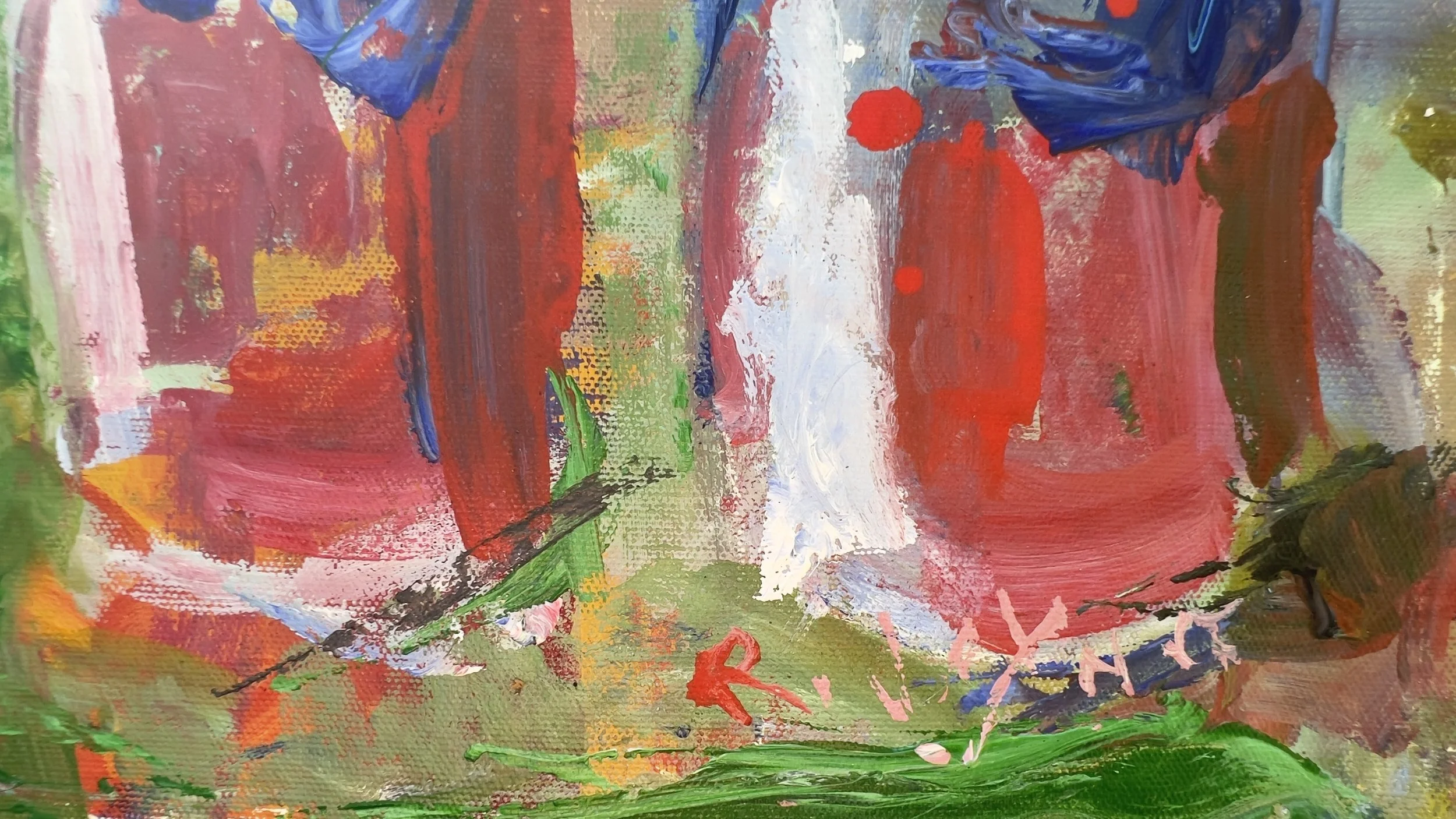 Abstract mixed media painting of three Pepsi cans in red and blue by Robert Joyner close up 4
