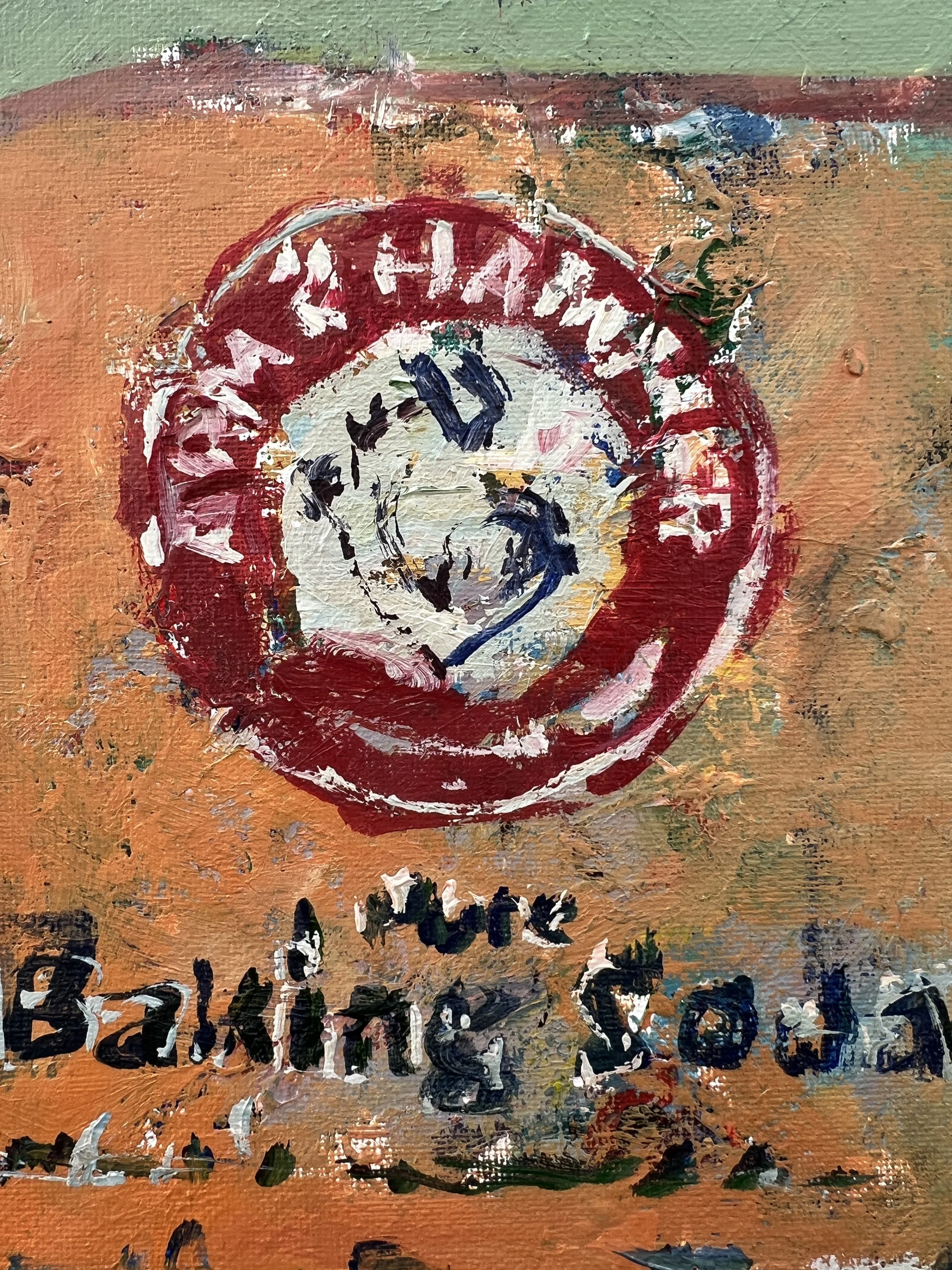 Expressive acrylic painting of a baking soda box with bold orange tones and loose brushstrokes close up 3