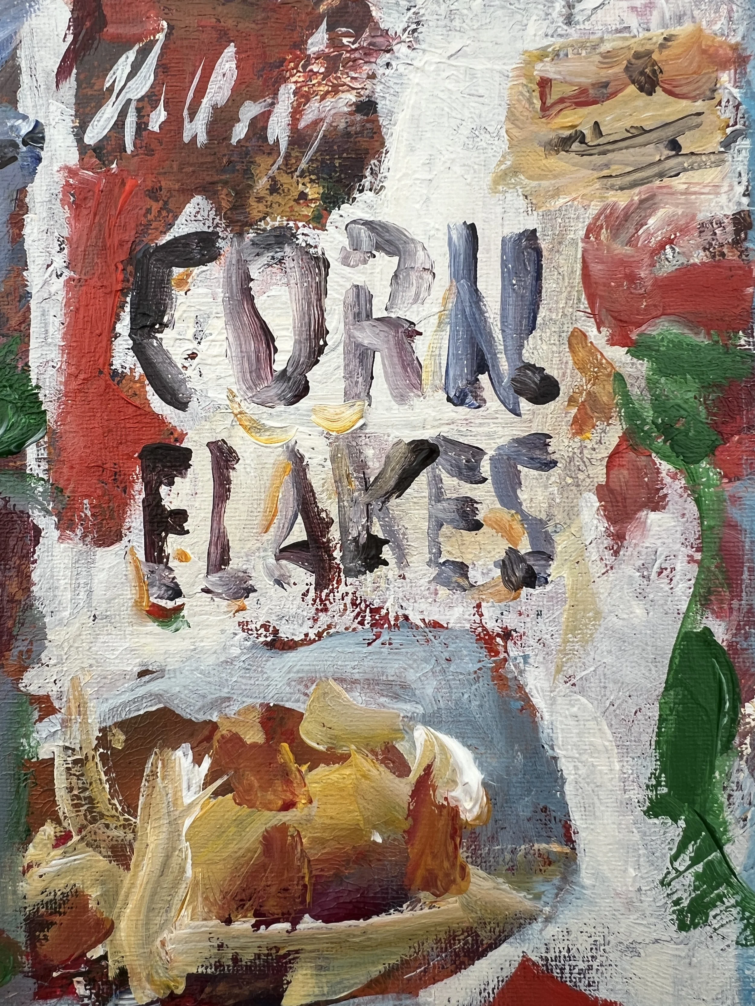Detail view of Bold expressive painting of Corn Flakes cereal box