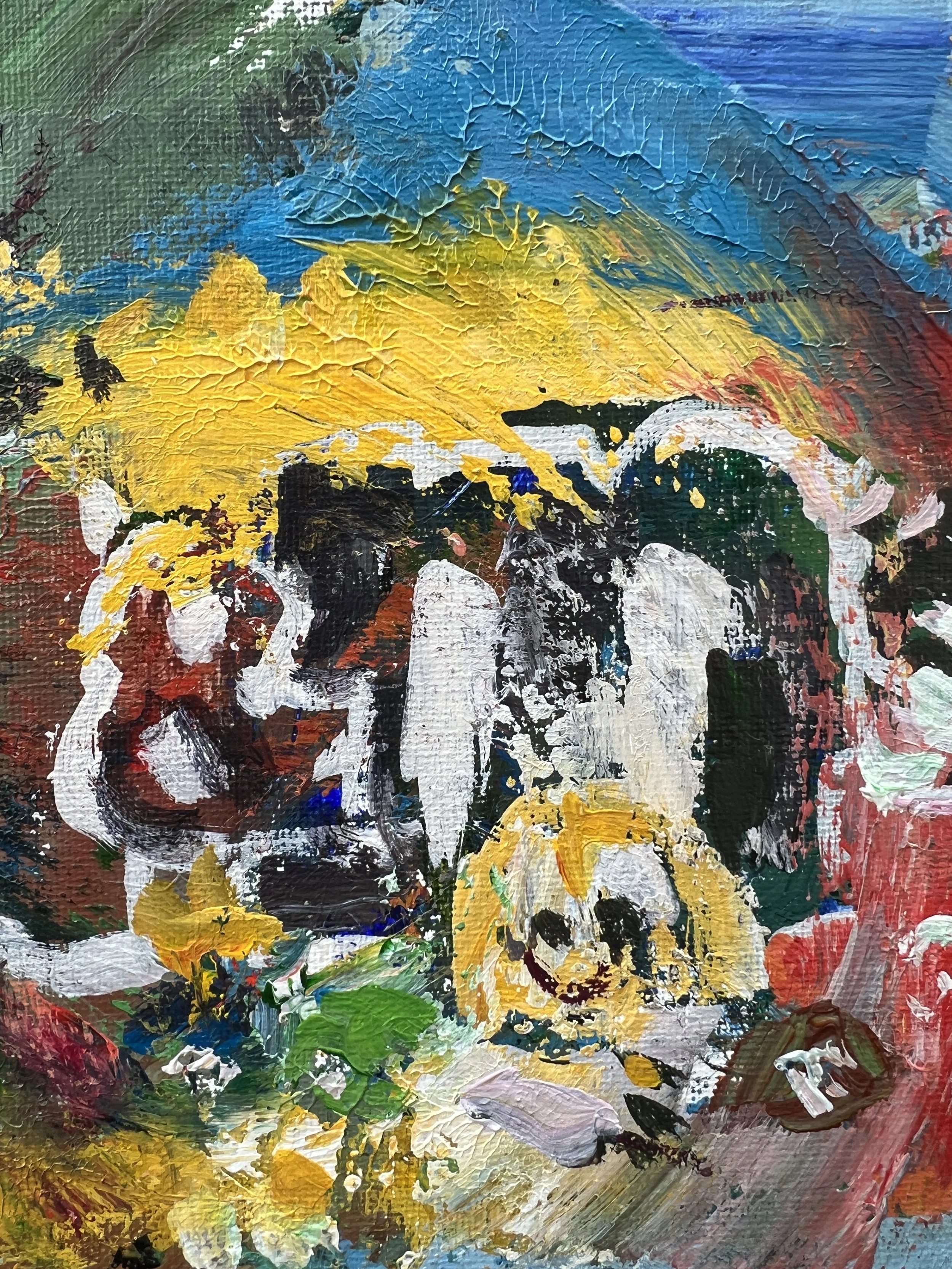 Bold expressive painting of peanut M&M's yellow candy bag with colorful M&Ms, acrylics on 12x9 canvas - close up 2