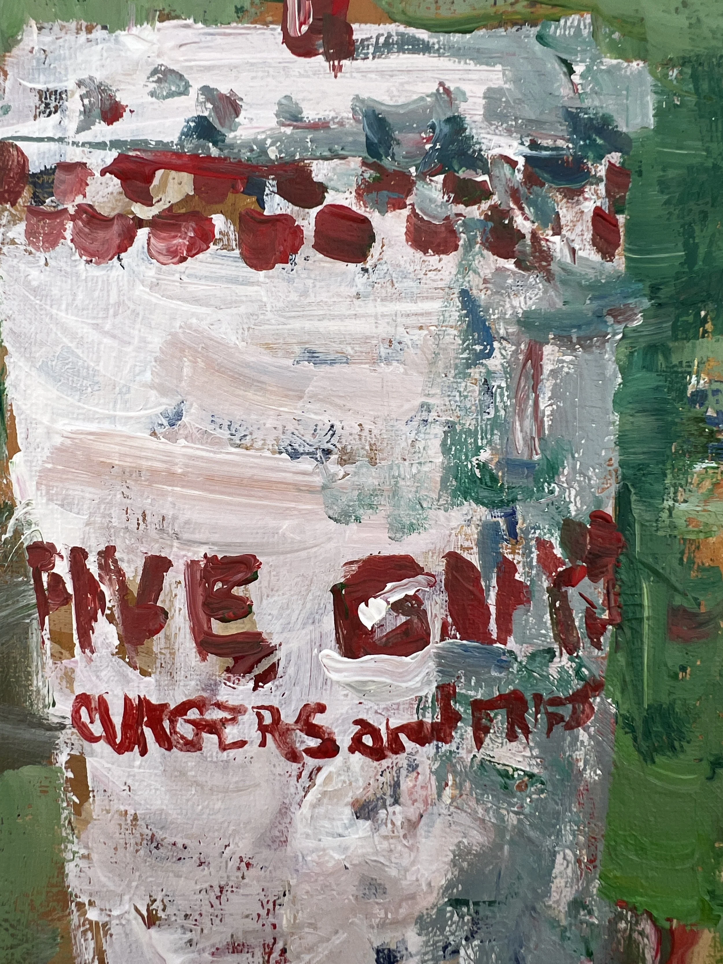 Loose expressive painting of Five Guys cup with red lettering and bold brushwork, acrylic on 12x9 canvas - close up 2