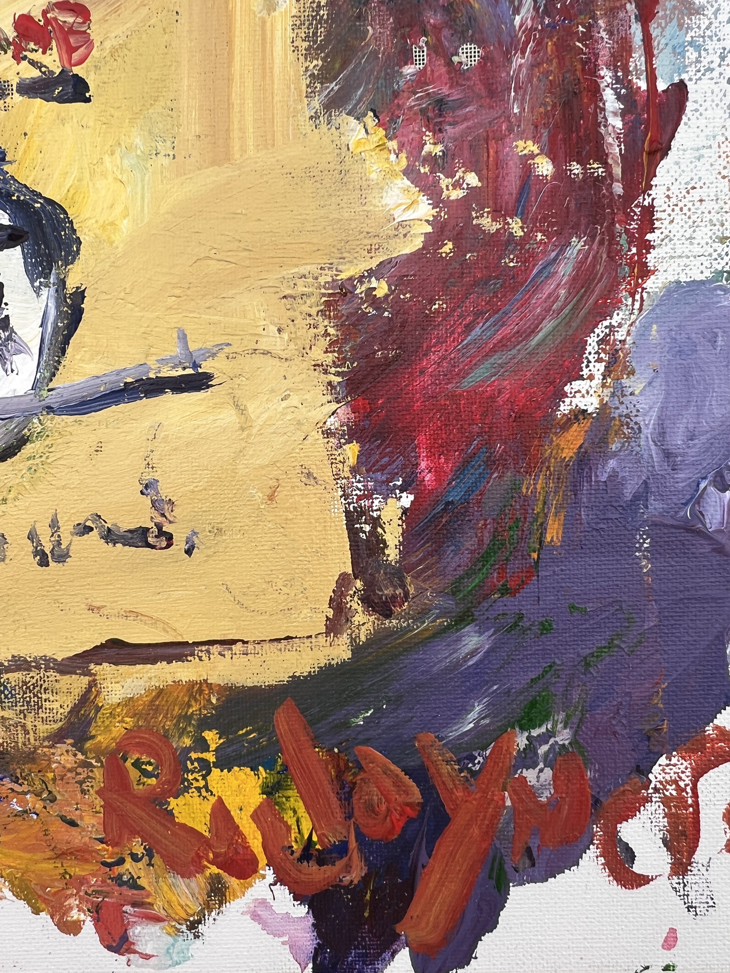 Bold expressive painting of Domino Pure Cane Sugar yellow bag with blue script, acrylics on 20x16 canvas - close up 5