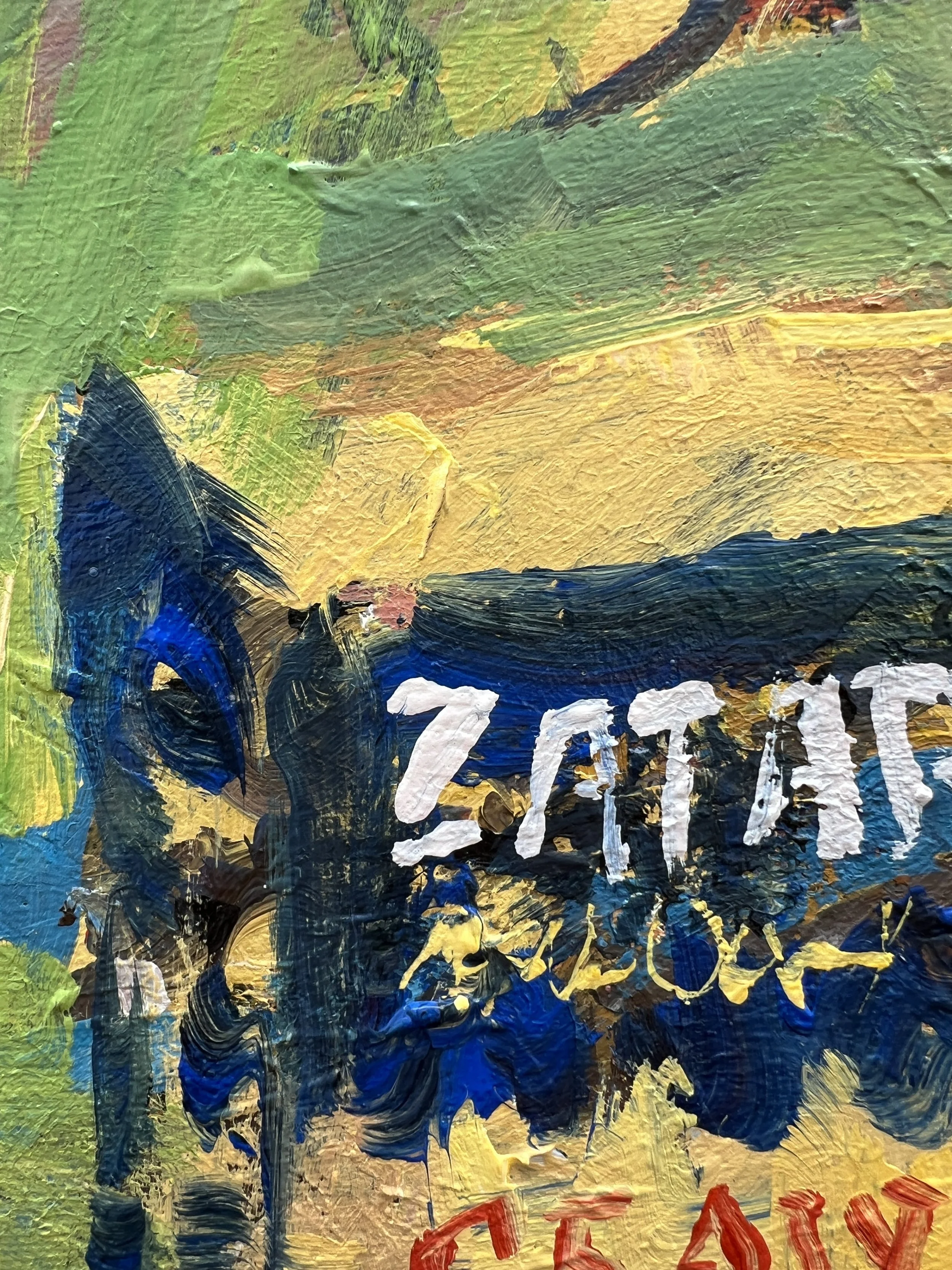 Detail view of Loose expressive original painting of Zatarain's crawfish boil seasoning box