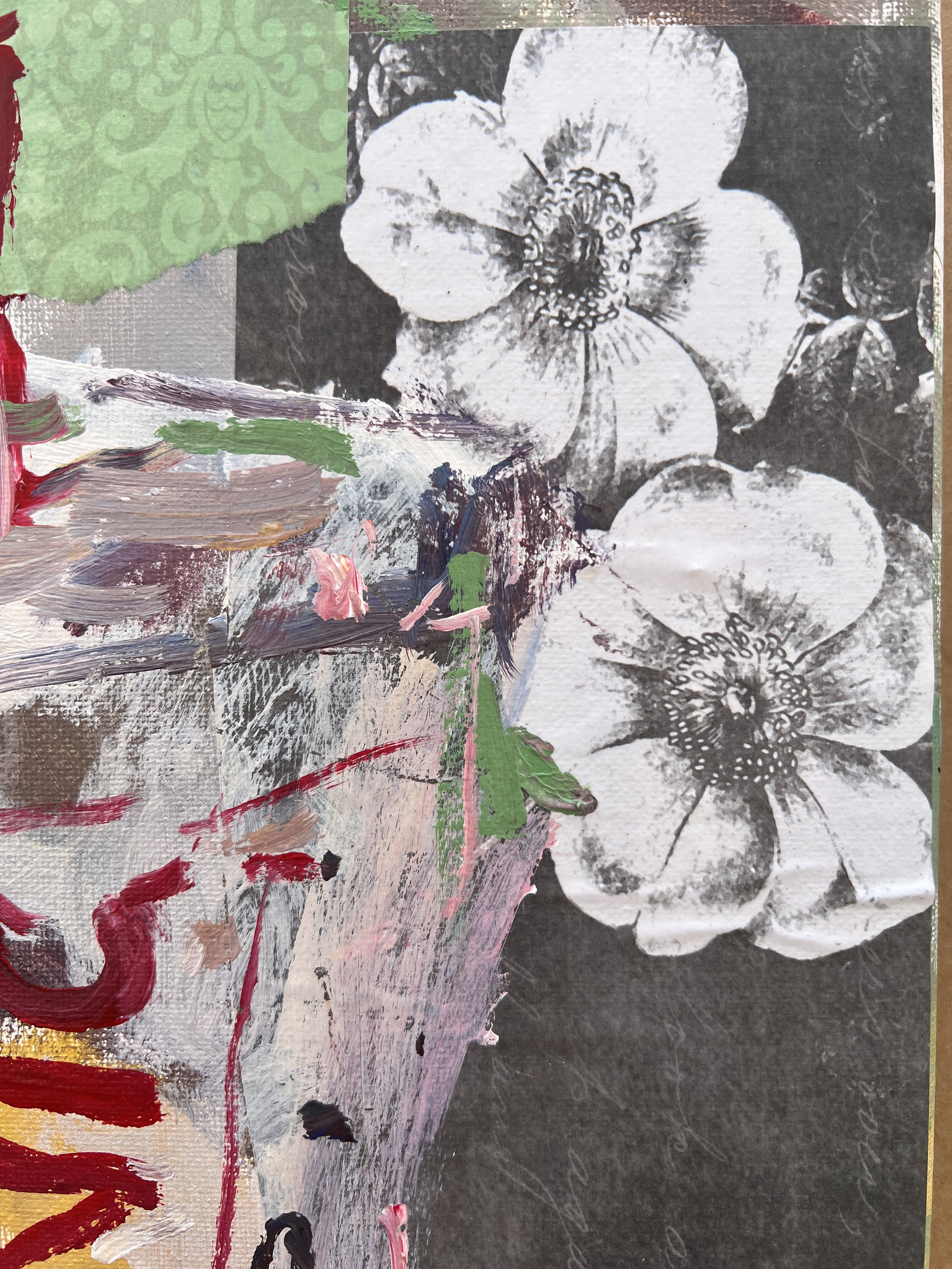 Bold expressive painting of Sonic Drive-In drink cup with colorful logo and collage elements, acrylics on 11x14 canvas - close up 2