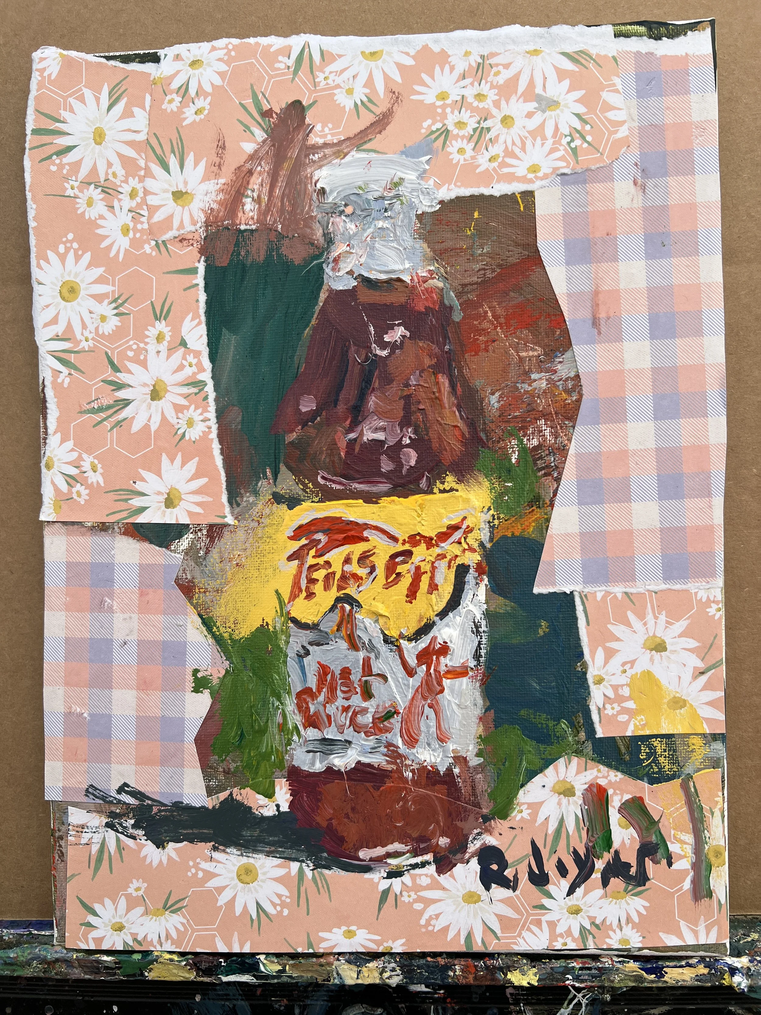 Loose expressive original painting of Texas Pete hot sauce bottle with hand-collaged daisy and plaid border on canvas - kitchen wall art shows all edges