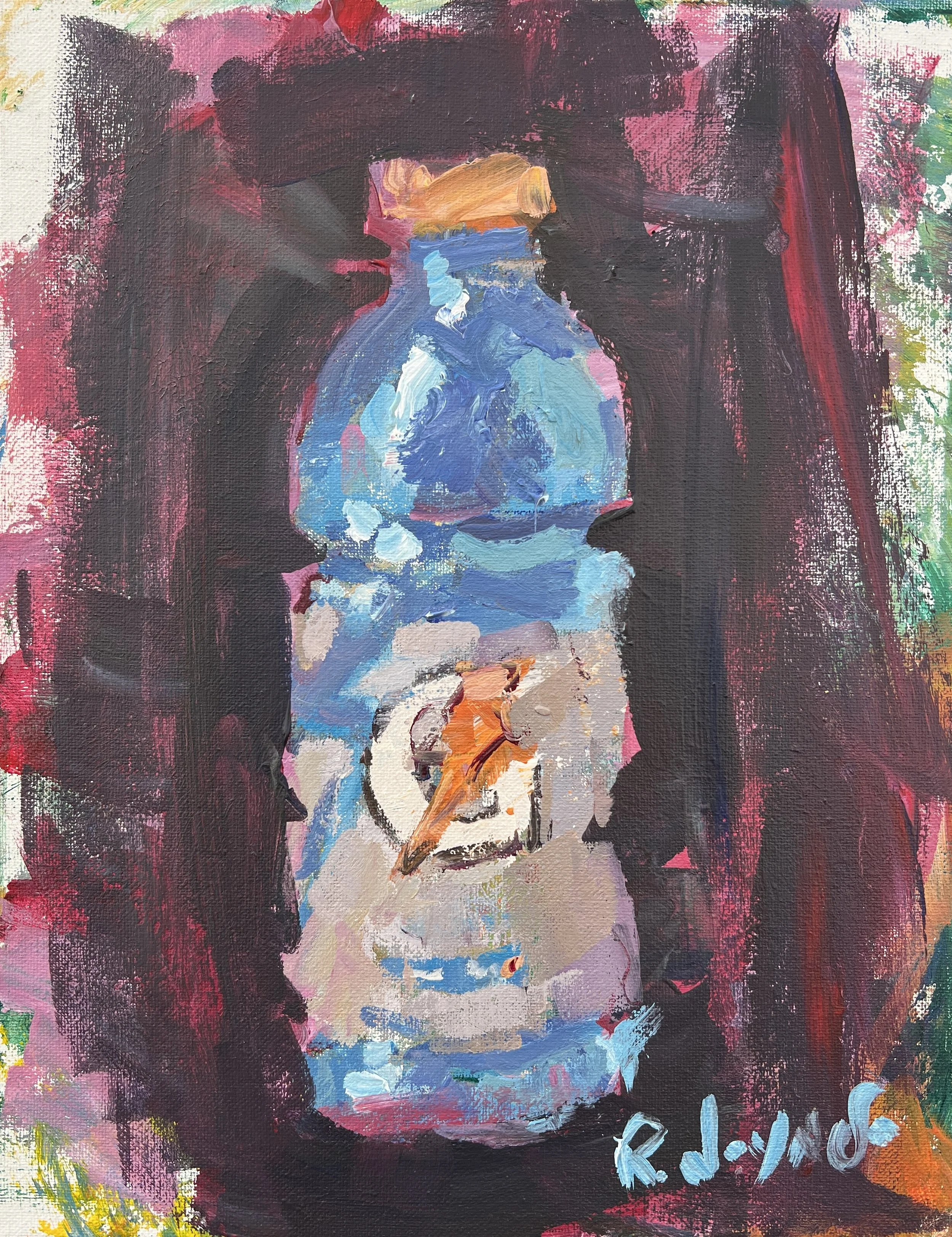Expressive acrylic painting of an energy drink bottle with bold colors and dark abstract background