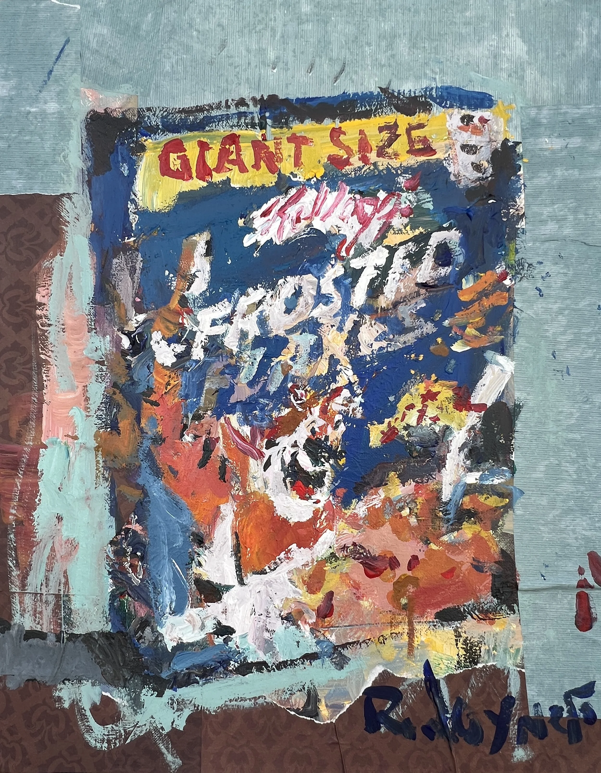 Bold expressive painting of Frosted Flakes blue cereal box with Tony the Tiger and collage elements, acrylics on 20x16 canvas - breakfast nook wall art