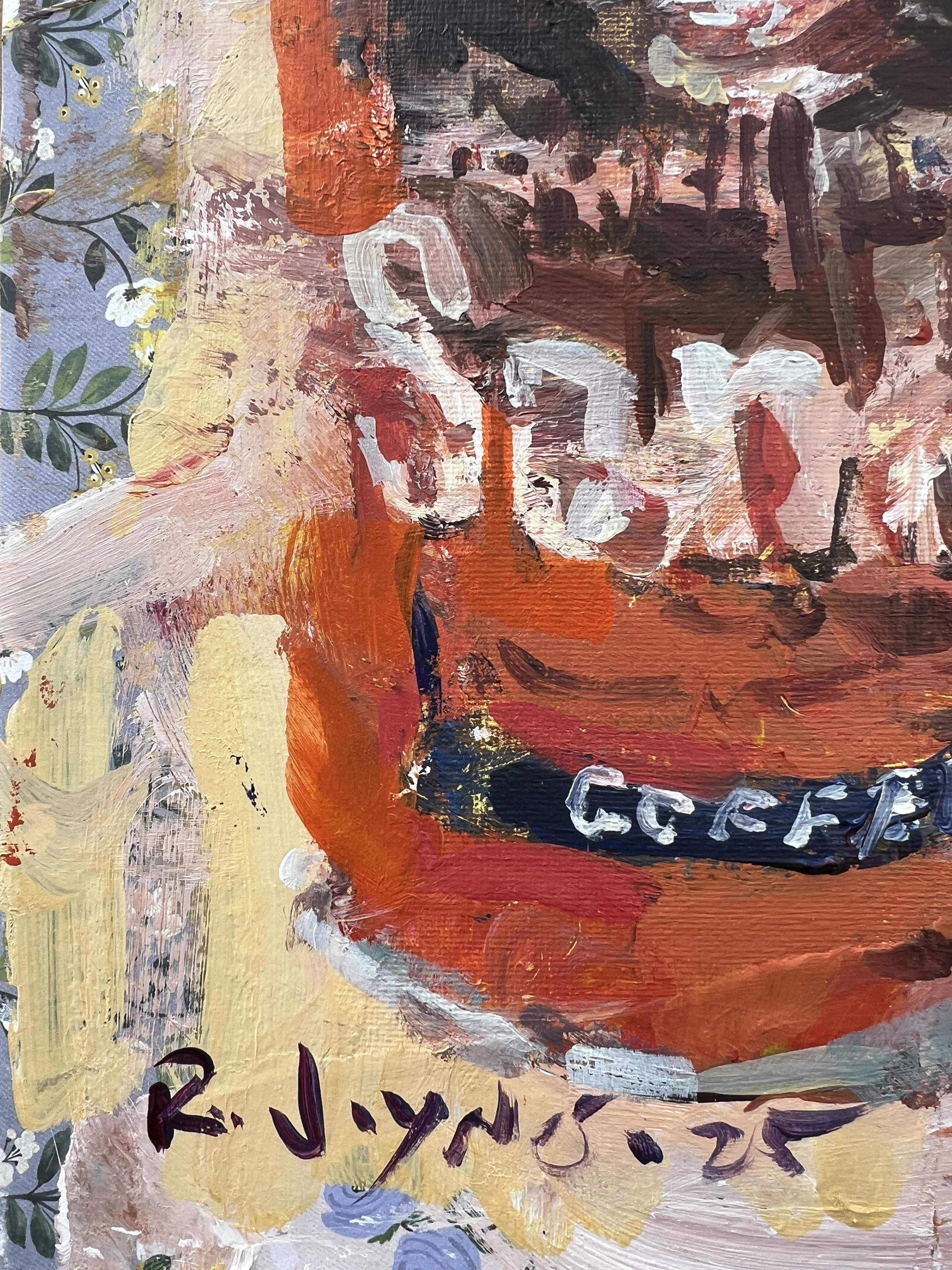 Texture detail of Bold expressive original painting of a vintage Sanka Maxwell House coffee can