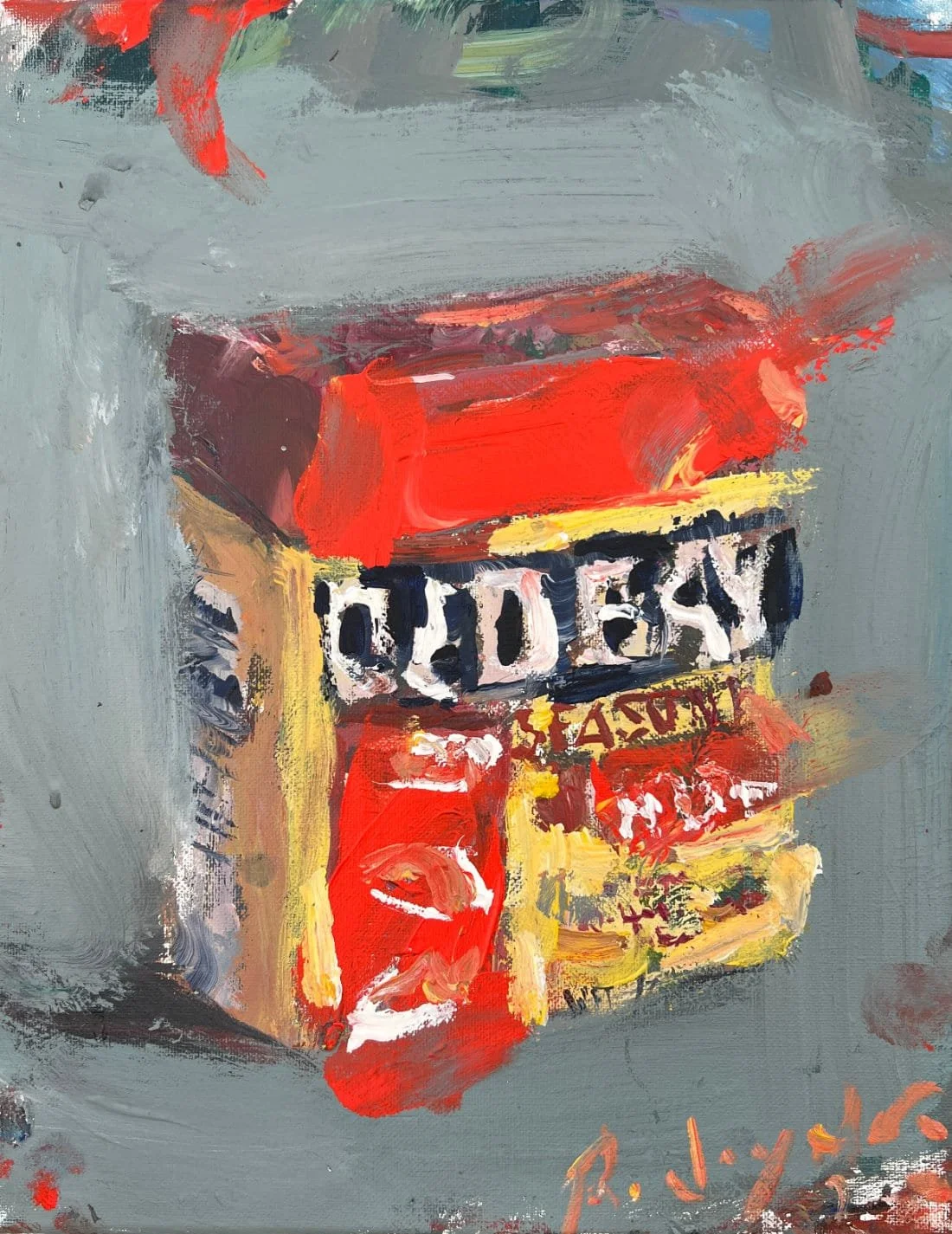 Old Bay seafood seasoning pop art painting in yellow and green, popular spice brand artwork
