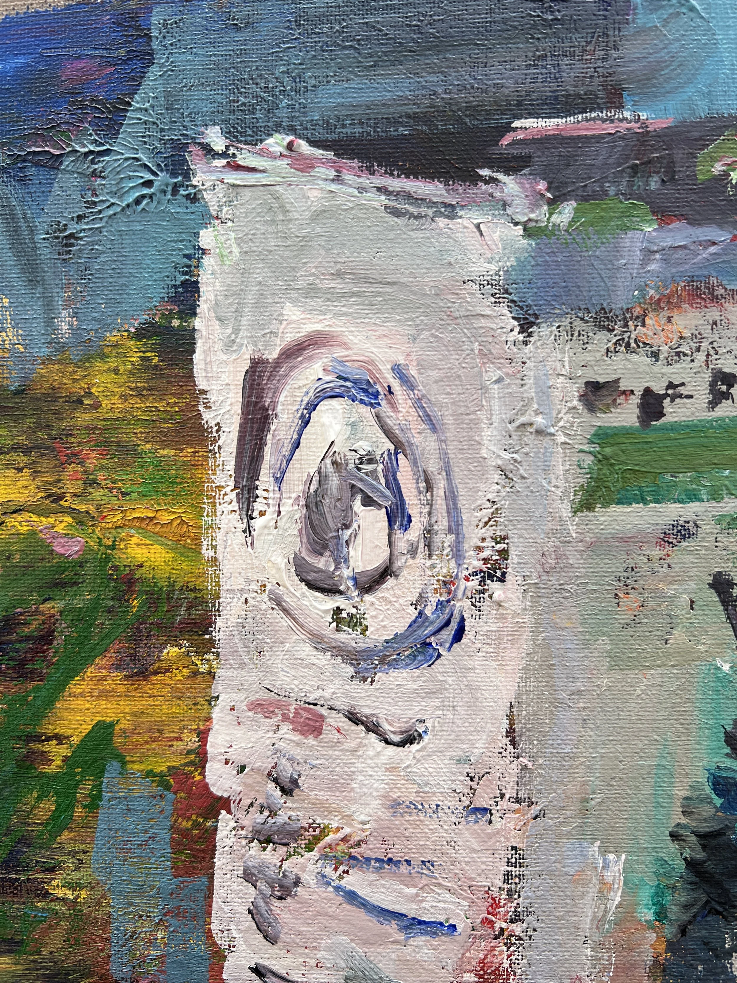 Bold expressive painting of King Kenzo extra virgin olive oil tin can with Mediterranean label, acrylics on 20x16 canvas - close up 1