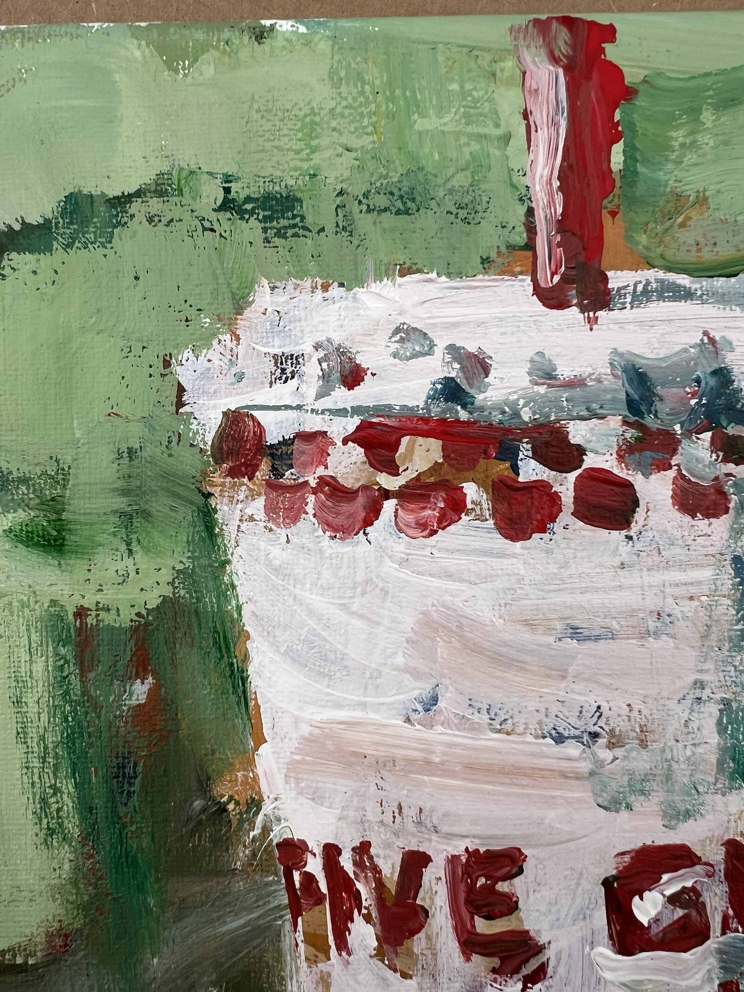 Loose expressive painting of Five Guys cup with red lettering and bold brushwork, acrylic on 12x9 canvas - close up 1