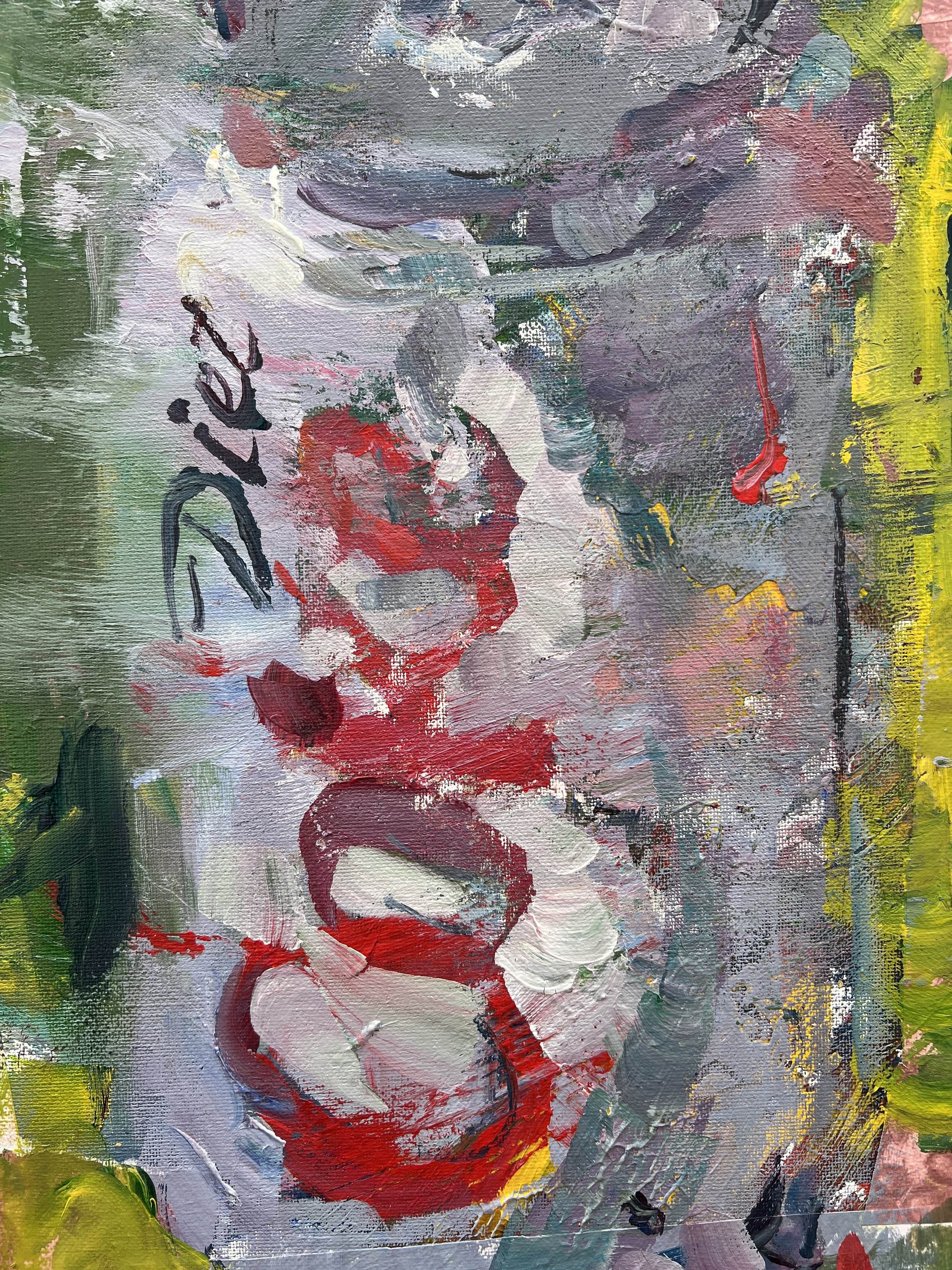 Alt Text: Bold expressive painting of Diet Coke silver can with red script and colorful collage borders, acrylics on 20x16 canvas - close up 3