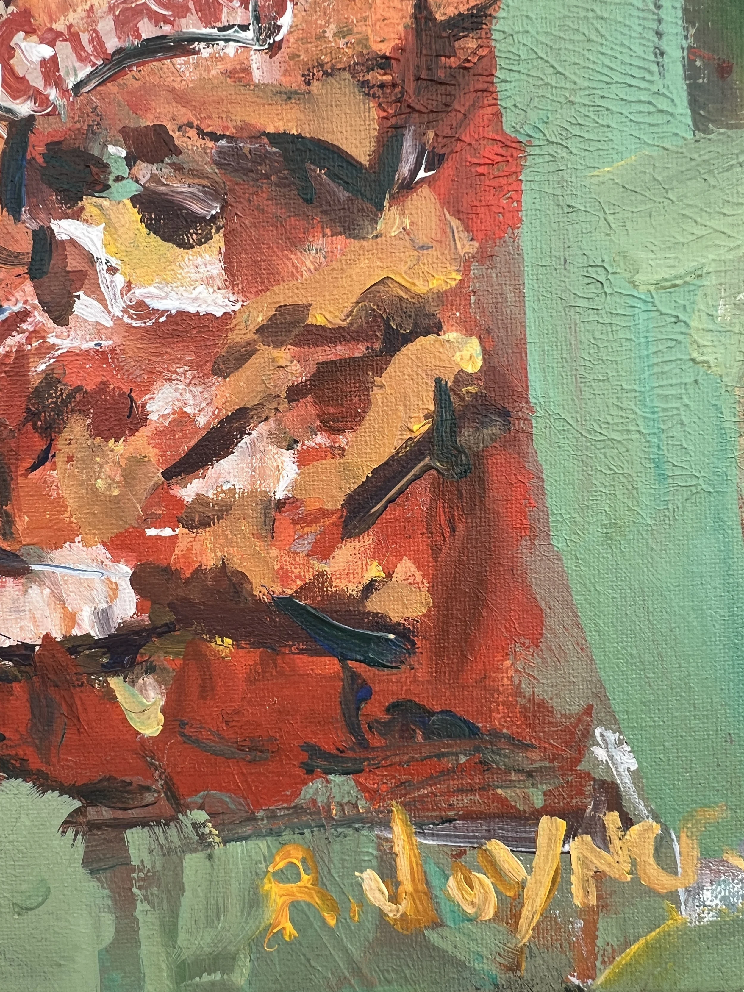 Brushwork detail of Bold expressive painting of Cheetos orange bag