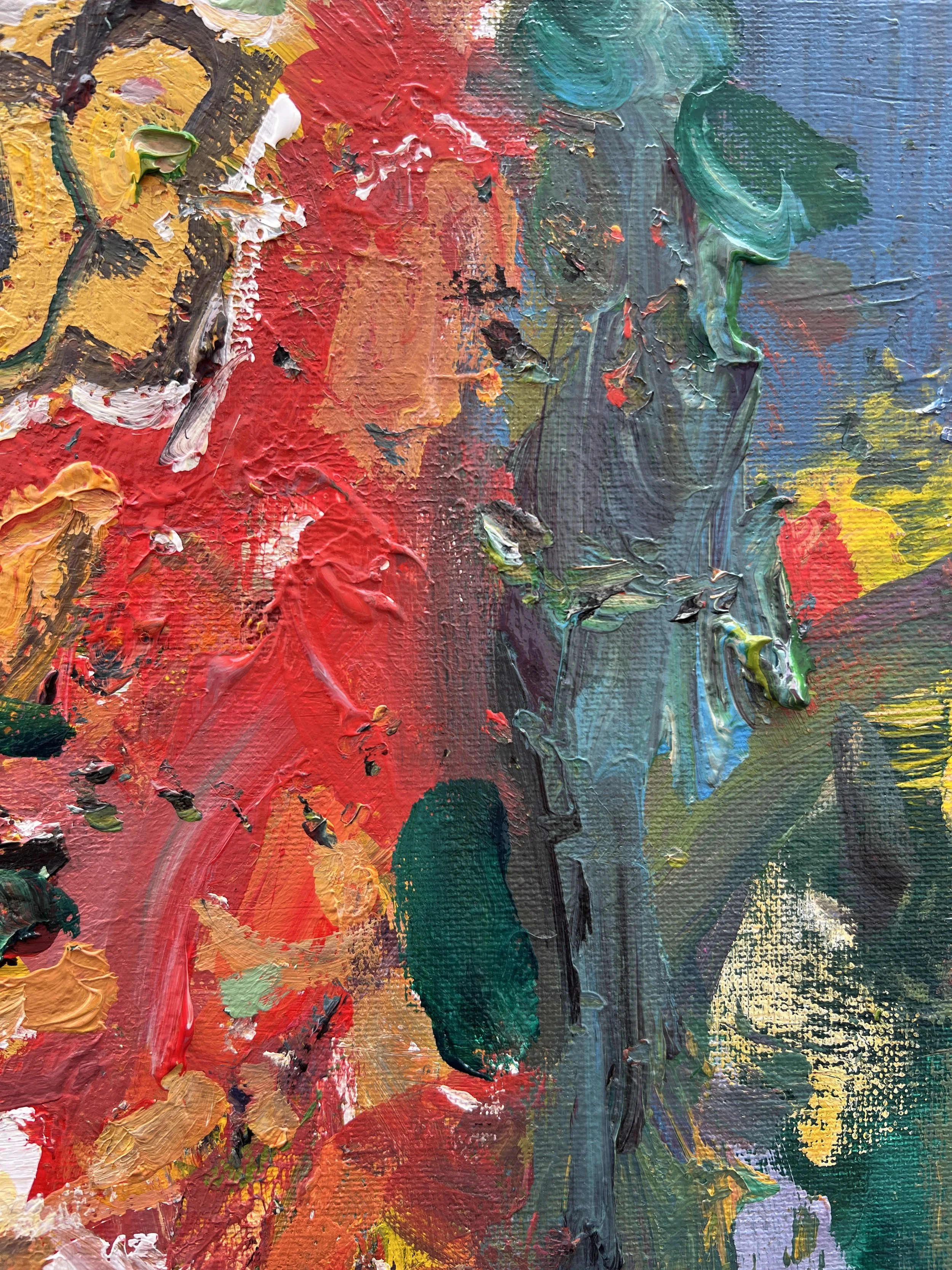 Bold expressive painting of Crunchy Cheetos orange bag with cheetah logo, acrylics on 20x16 canvas - close up 3