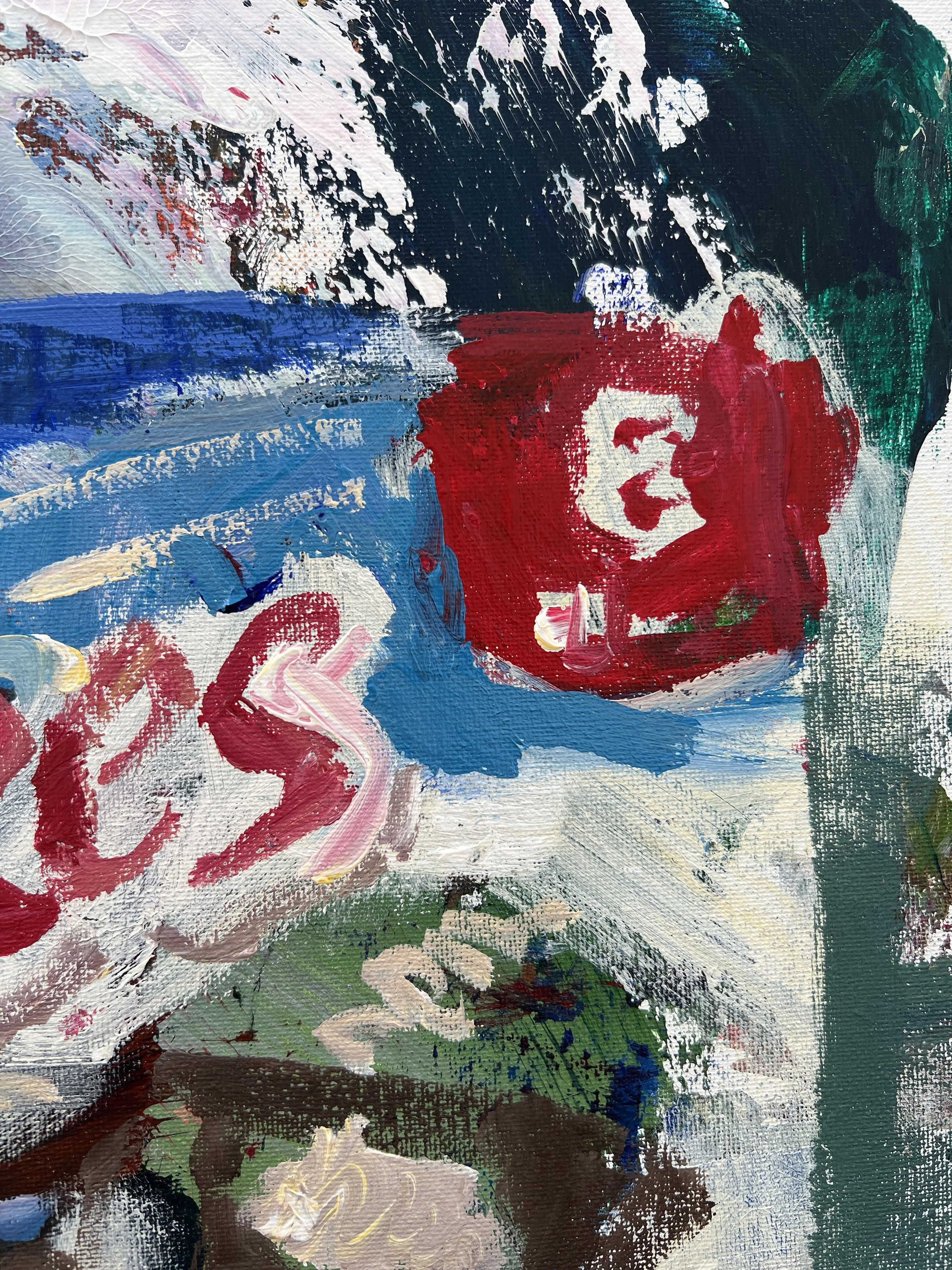 Bold expressive painting of Hostess Cupcakes orange box with chocolate cupcakes and white squiggle, acrylics on 20x16 canvas - close up 3