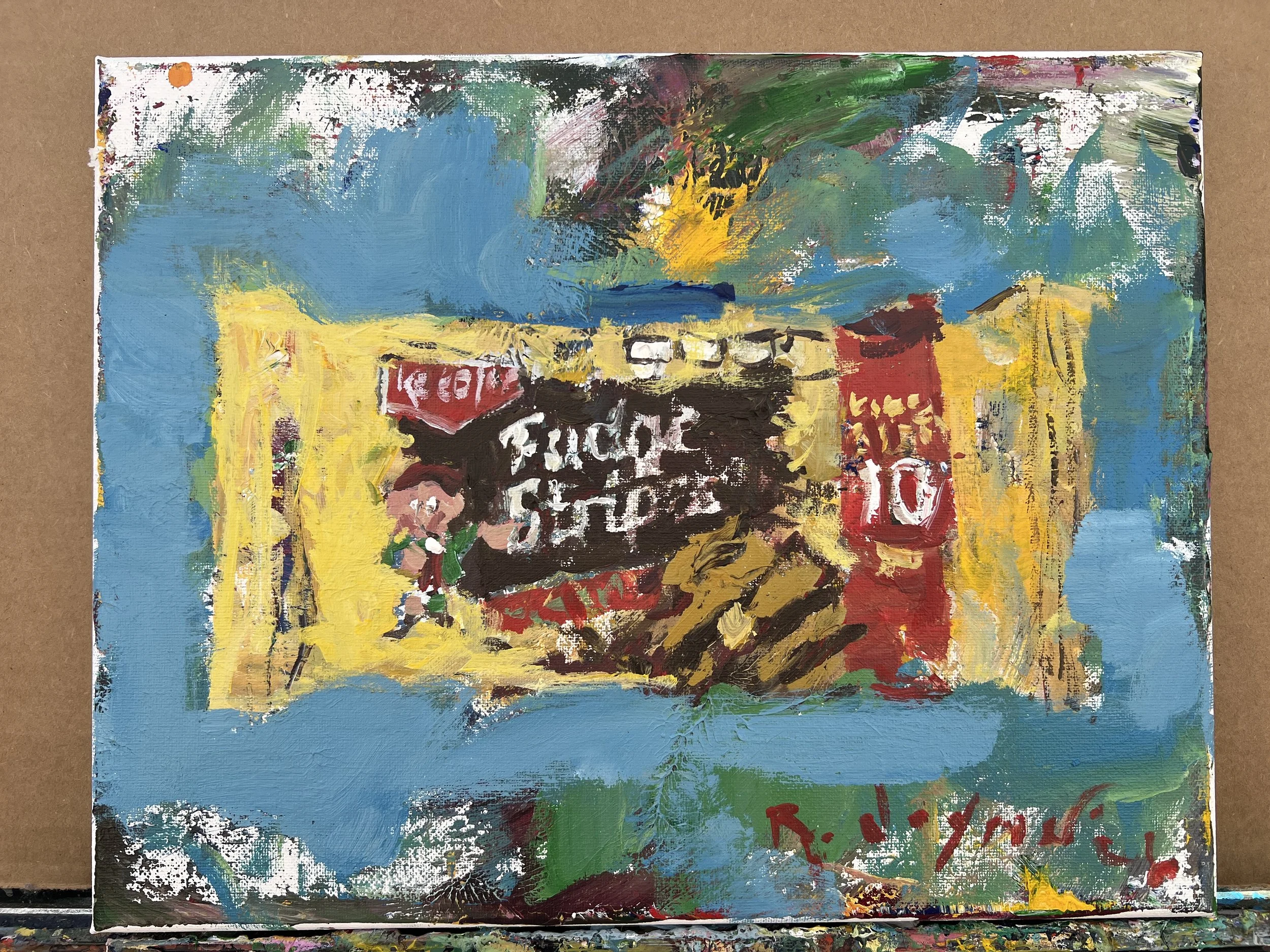 Loose expressive painting of Five Guys cup with red lettering and bold brushwork, acrylic on 12x9 canvas - shows all edges