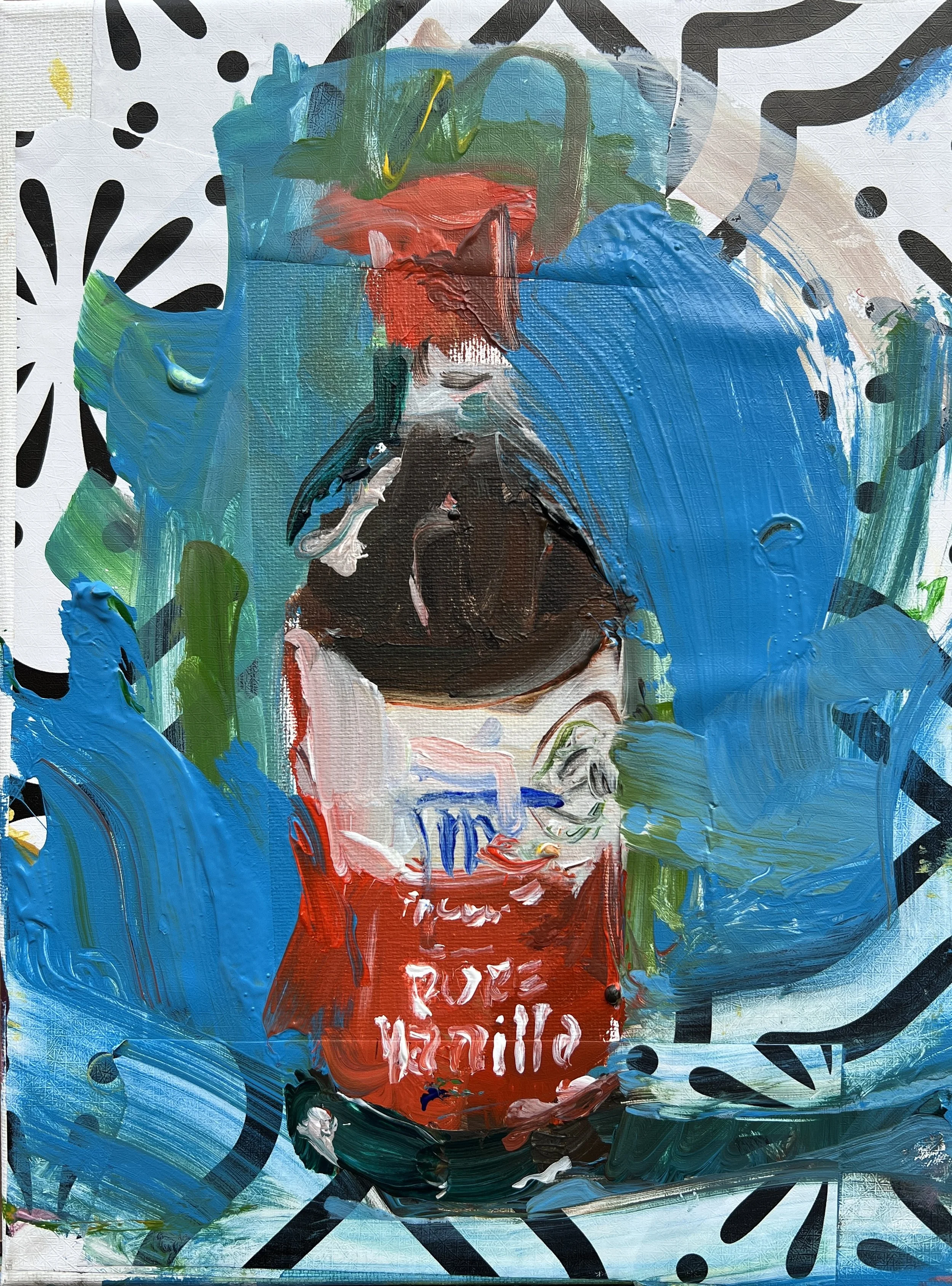 Bold expressive painting of McCormick Pure Vanilla Extract brown bottle with red cap in vibrant greens and yellows, acrylics on 11x14 canvas - kitchen wall art