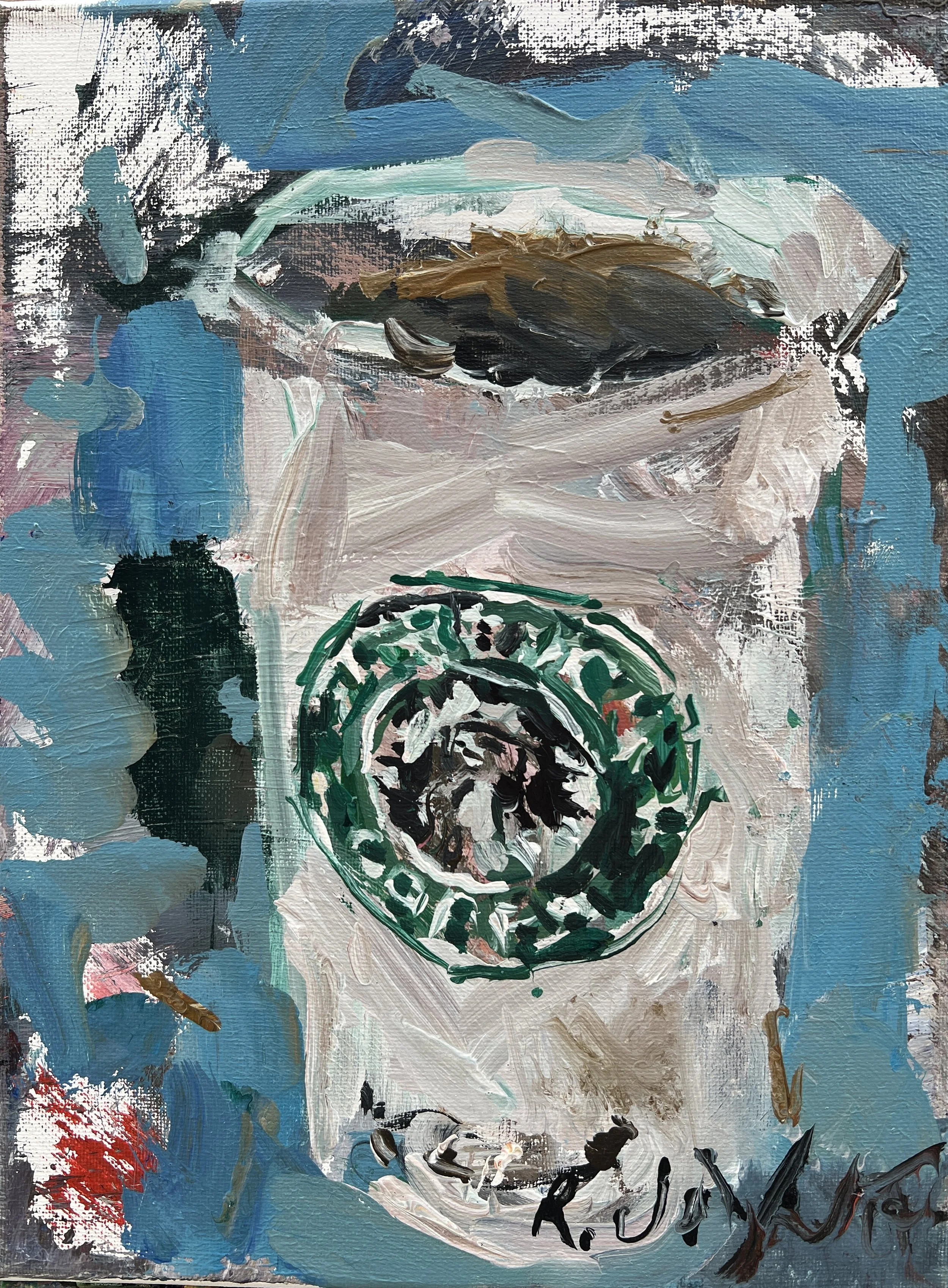 Loose expressive original painting of Starbucks to-go coffee cup in green and white on canvas - kitchen wall art