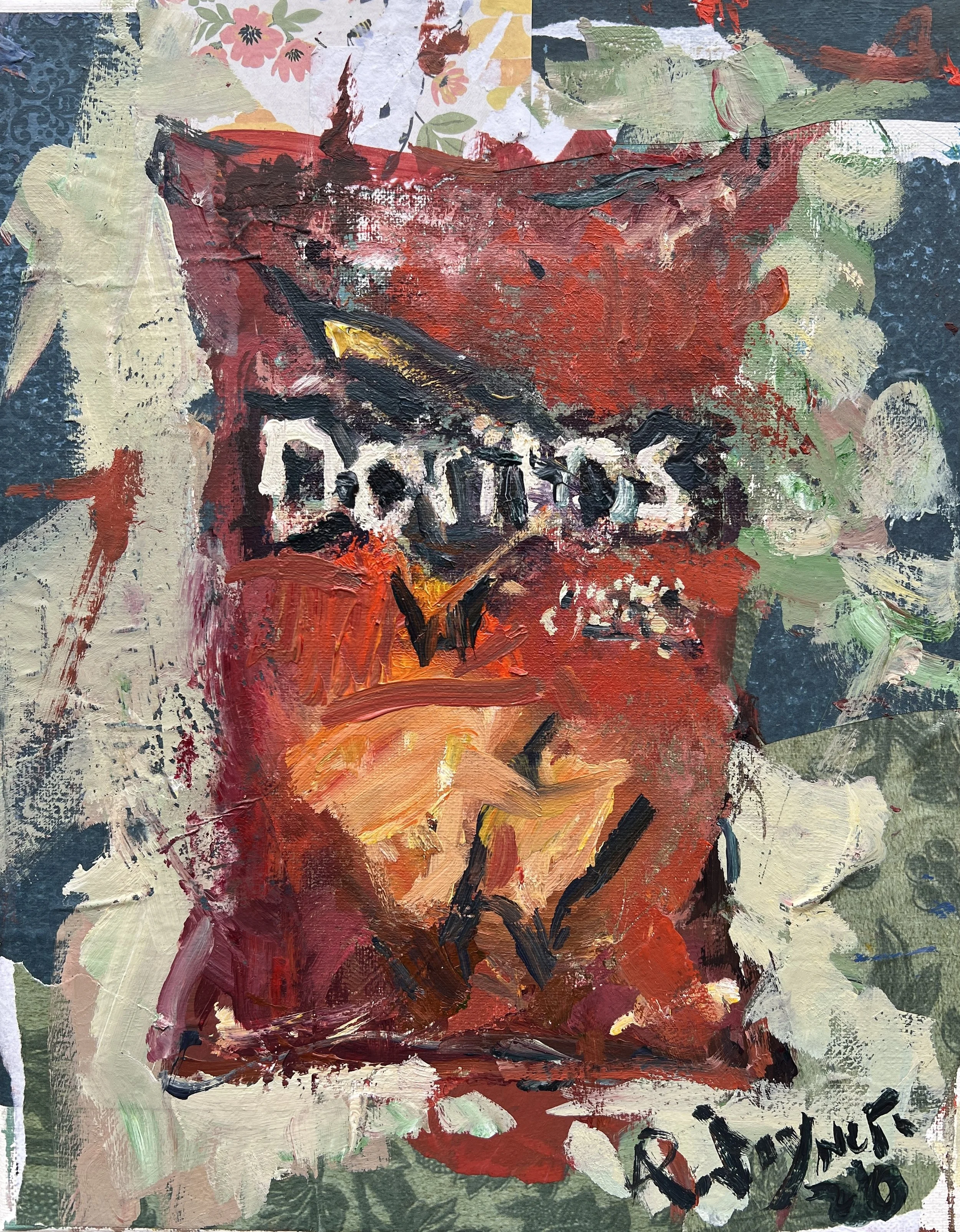 Bold expressive painting of Doritos red chip bag with triangle logo and collage elements with textured brushstrokes, acrylics on 14x11 canvas - nostalgic snack kitchen wall art