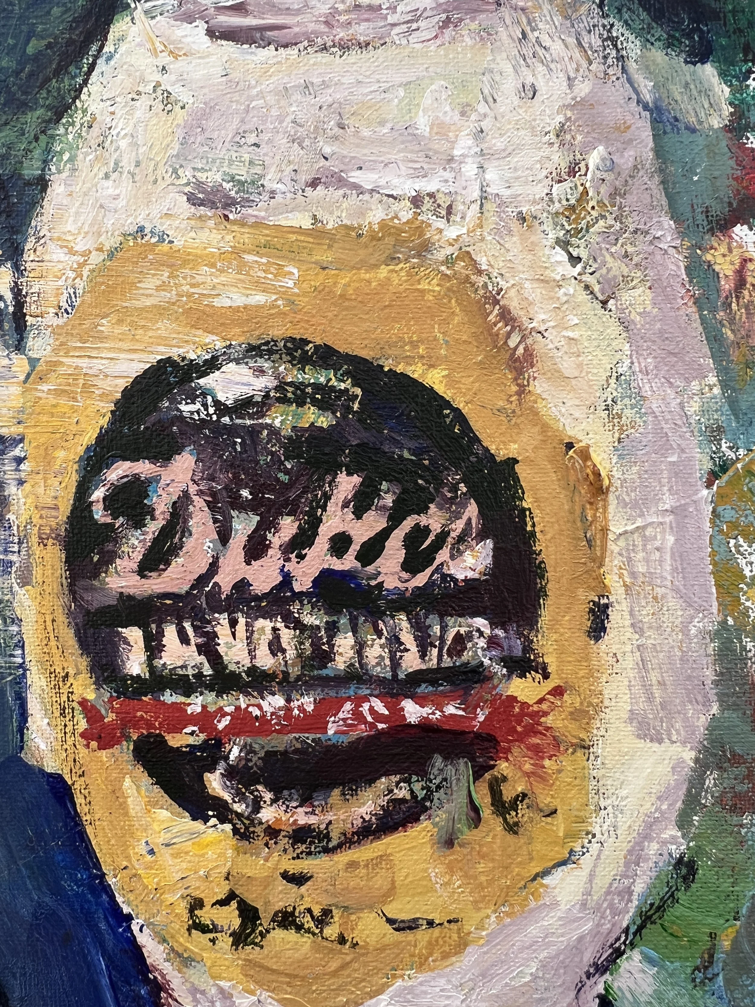 Expressive acrylic painting of a mayonnaise jar with abstract brushwork and textured background - close up 3