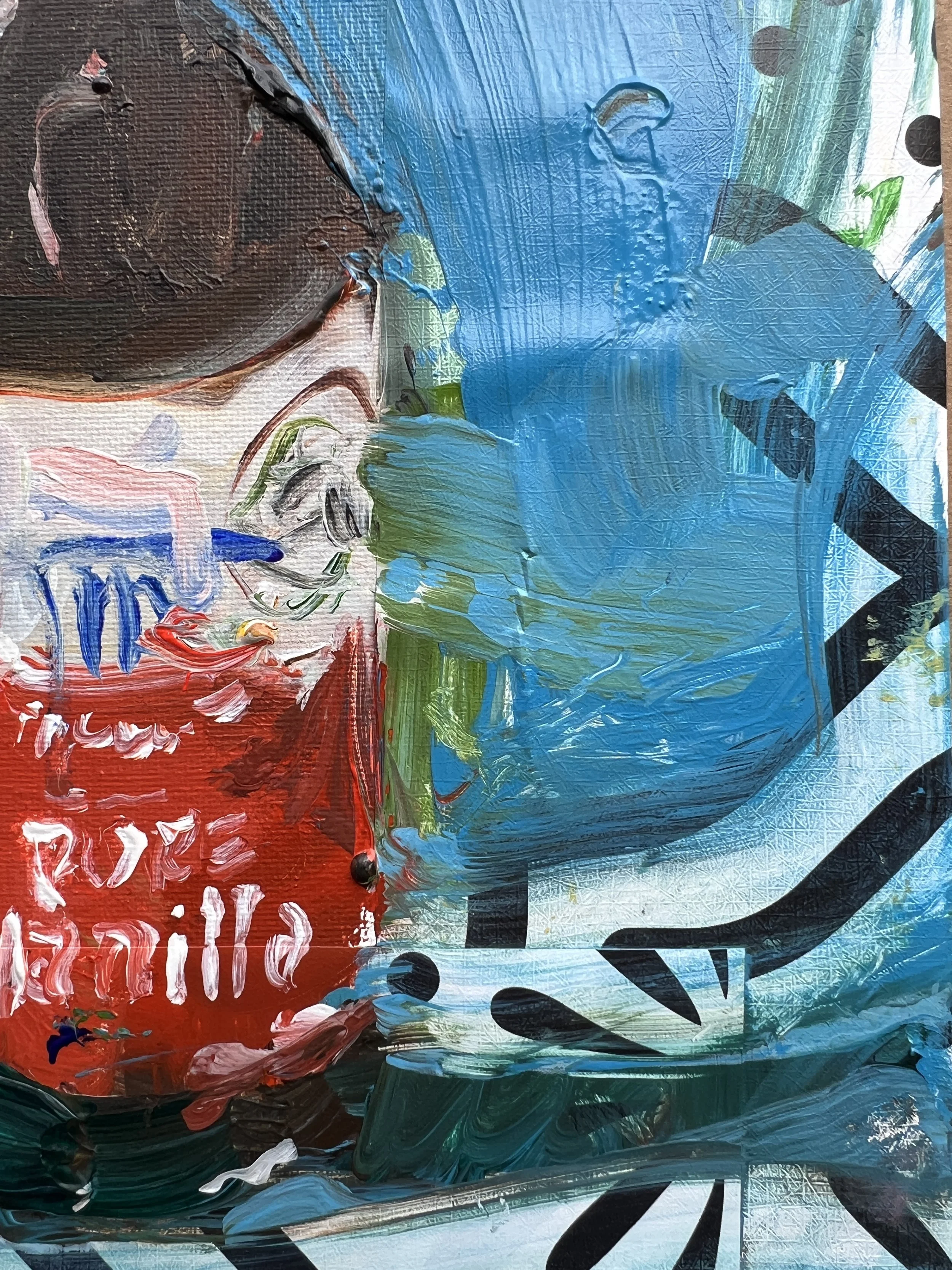 Brushwork detail of Bold expressive painting of McCormick Pure Vanilla Extract brown bottle