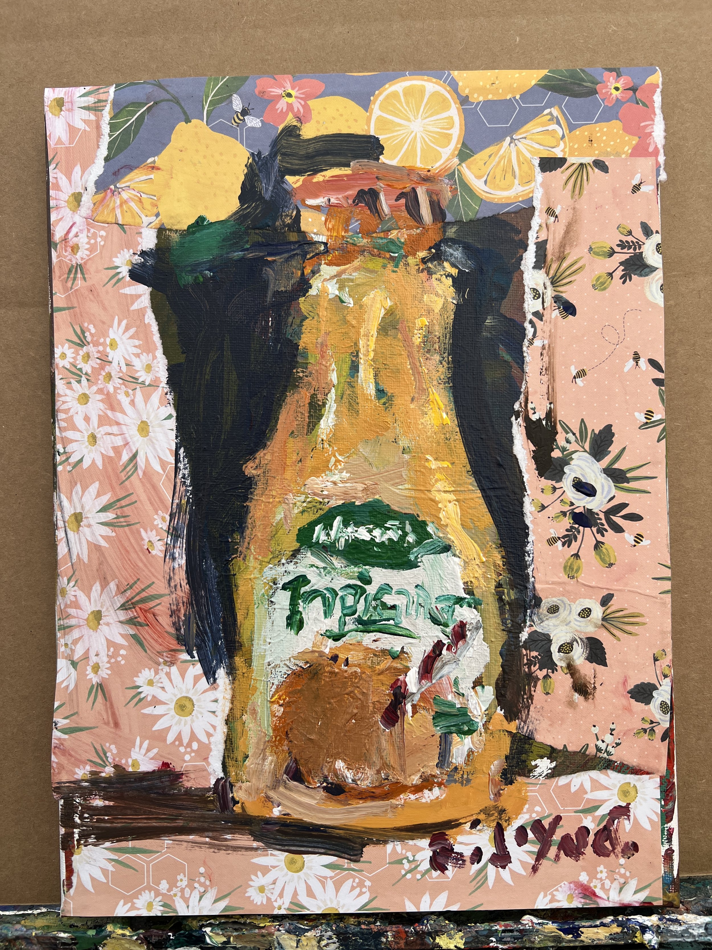 Loose expressive original painting of Tropicana orange juice bottle with hand-collaged lemon and floral border on canvas - kitchen wall art shows all edges