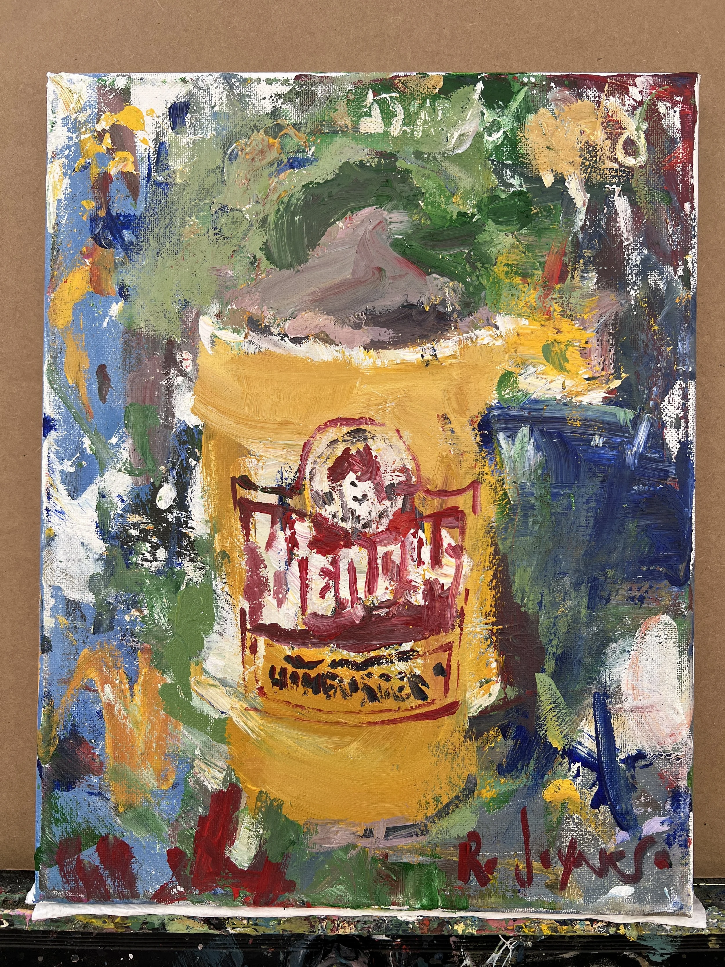Bold expressive painting of Wendy's red cup with chocolate Frosty, acrylics on 14x11 canvas - shows all edges