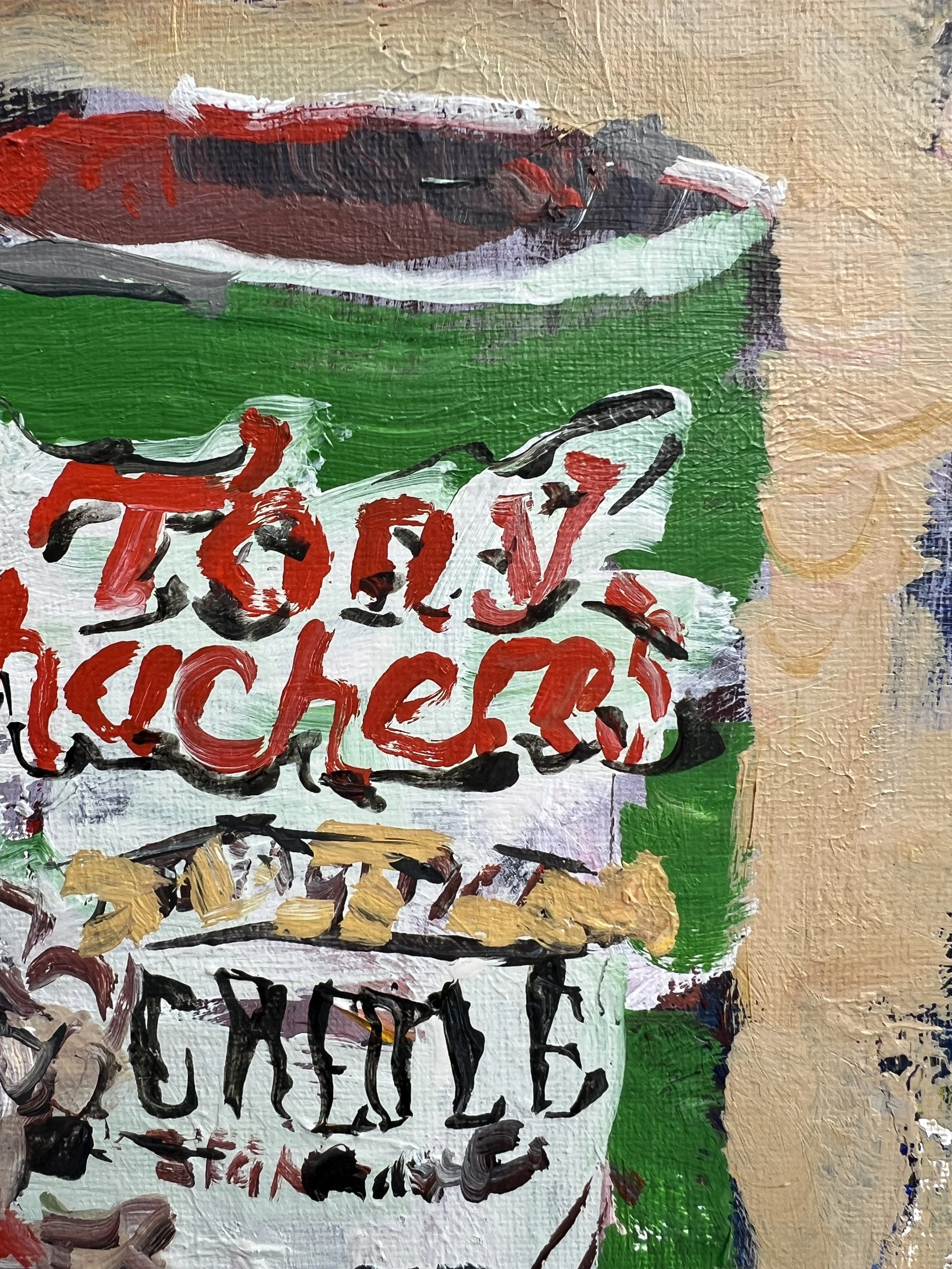 Close-up detail of Loose expressive original painting of Tony Chachere's creole seasoning