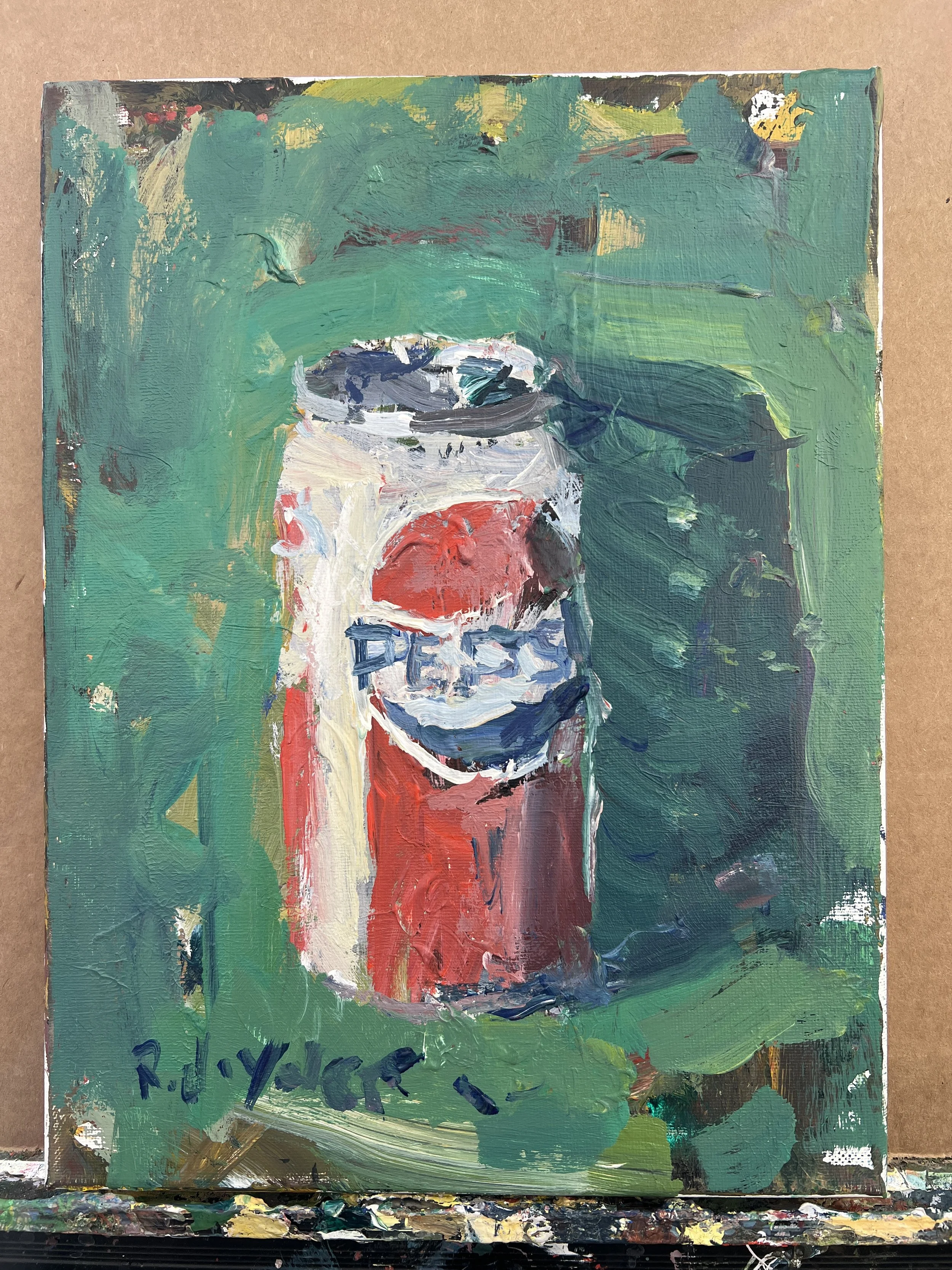 Loose expressive acrylic painting of a Pepsi Cola can in red, white, and blue on a green background — original kitchen wall art. shows all edges