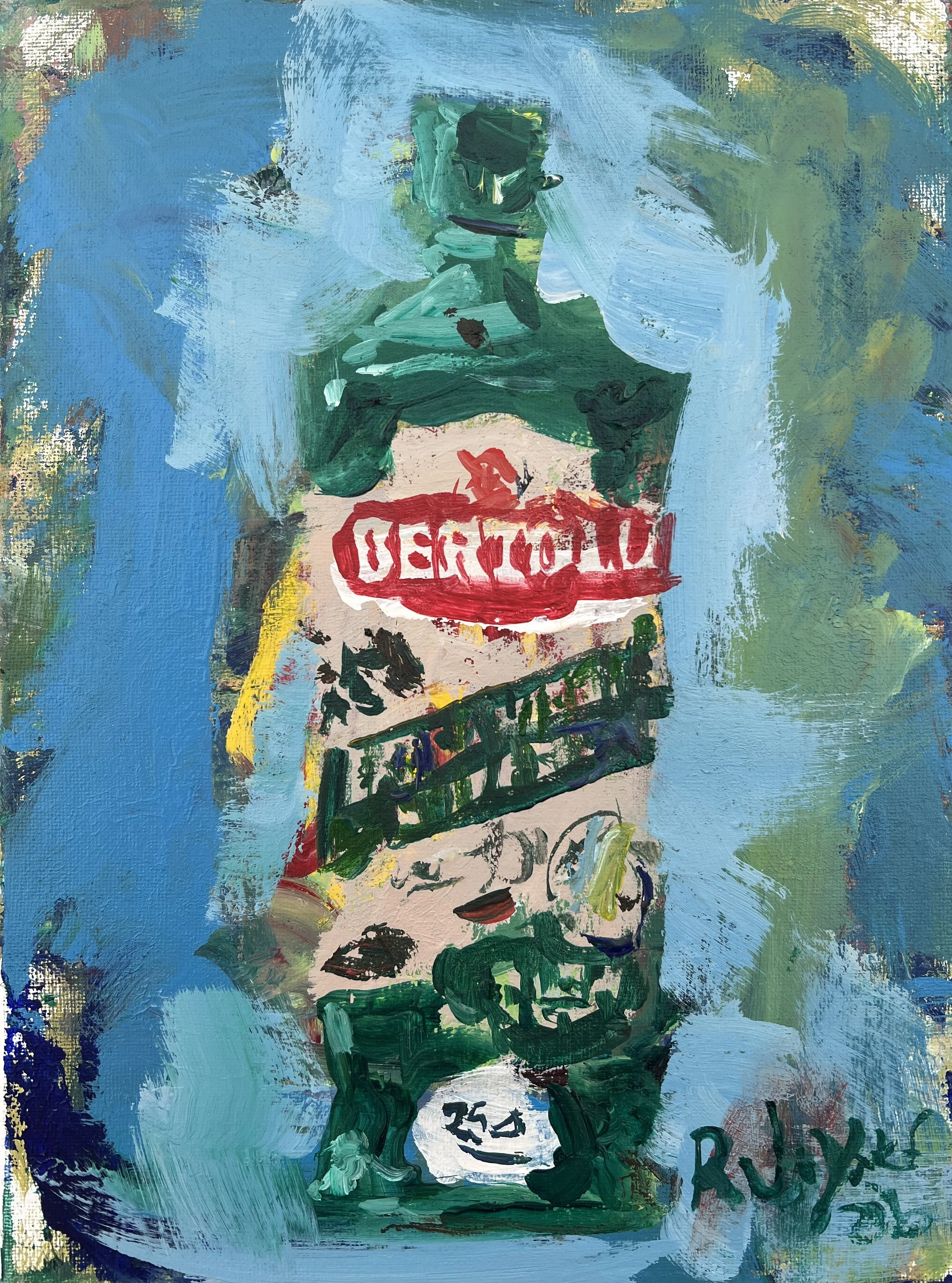 Loose expressive painting of Bertolli olive oil bottle with green tones and bold brushwork, acrylic on 12x9 canvas - kitchen wall art