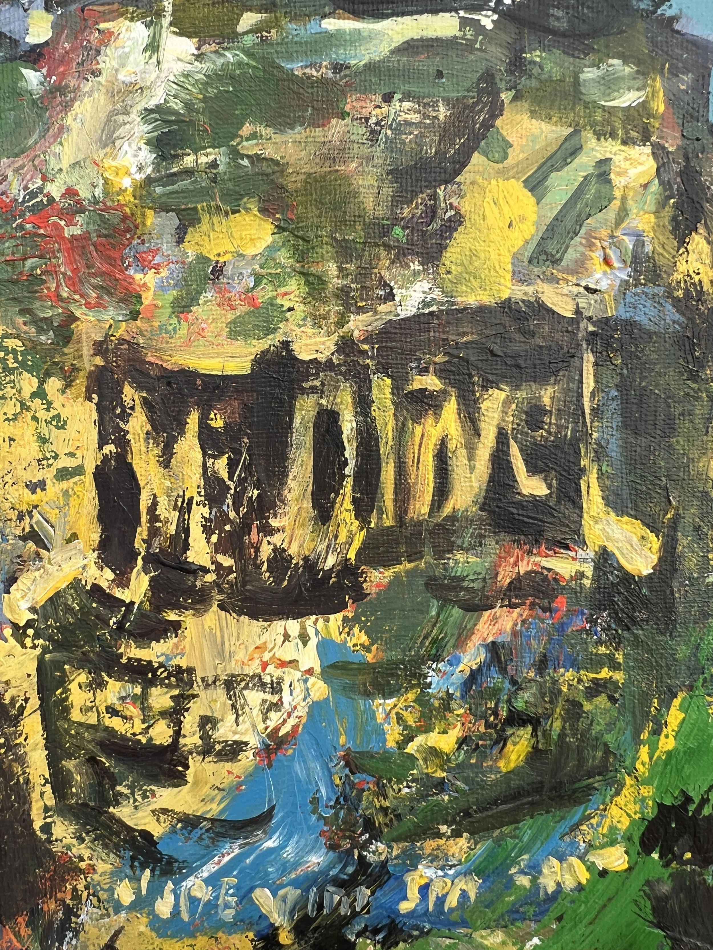 Brushwork detail of Bold expressive Mt. Olive Pickles jar original painting on canvas