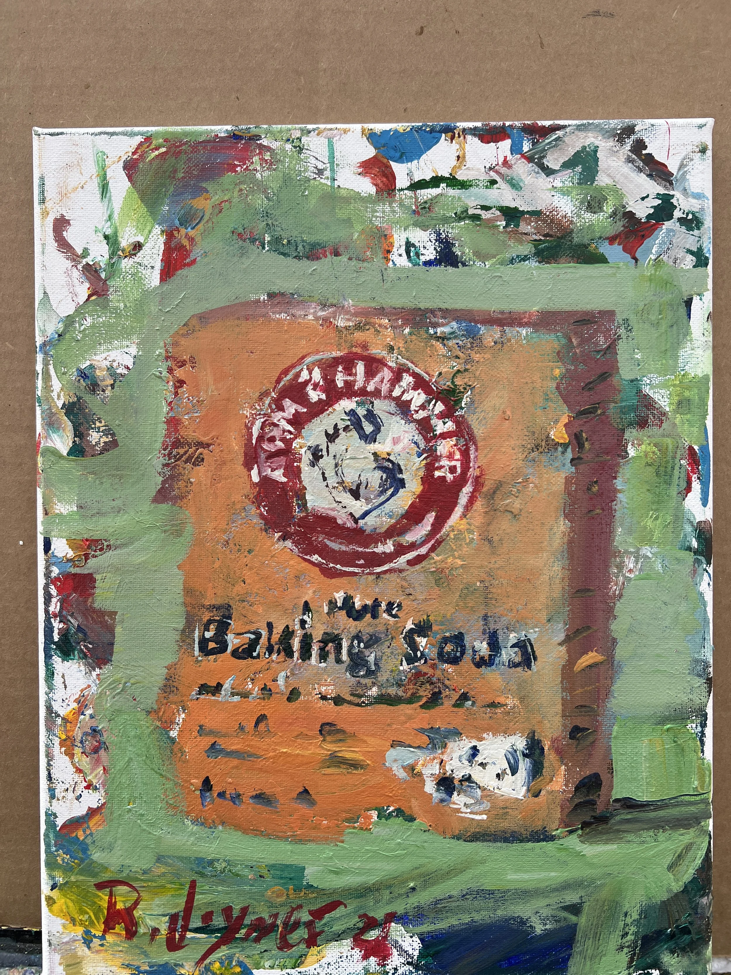 Expressive acrylic painting of a baking soda box with bold orange tones and loose brushstrokes shows all edges