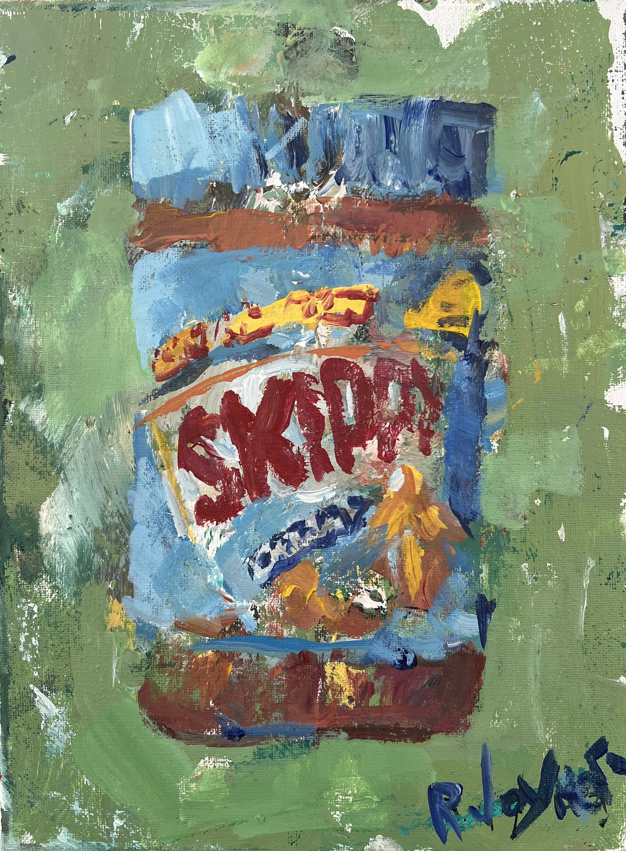 Loose expressive painting of Skippy peanut butter jar with bold red and blue label and textured brushwork, acrylic on 12x9 canvas - kitchen wall art