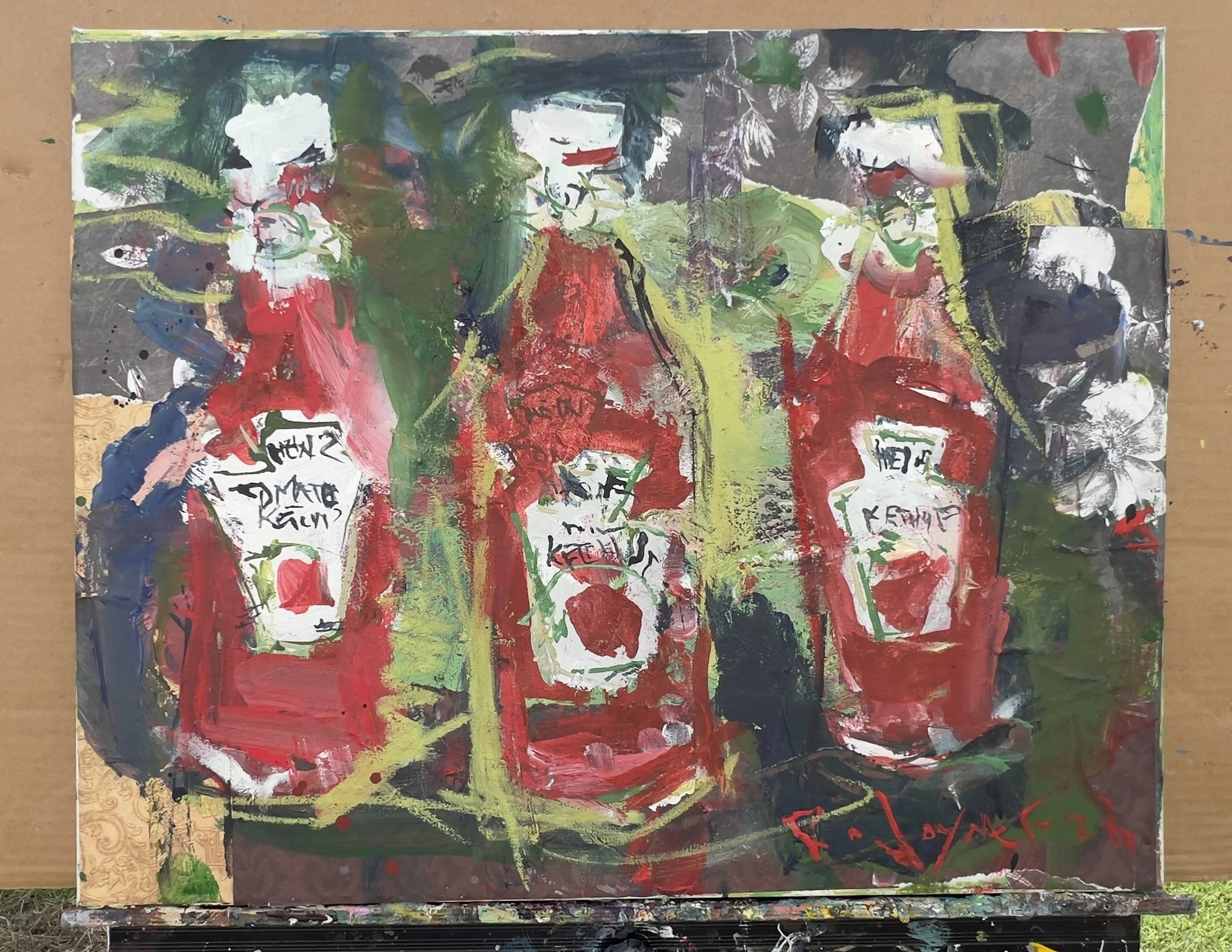 Three ketchup bottles in an expressive mixed media and collage painting by Robert Joyner