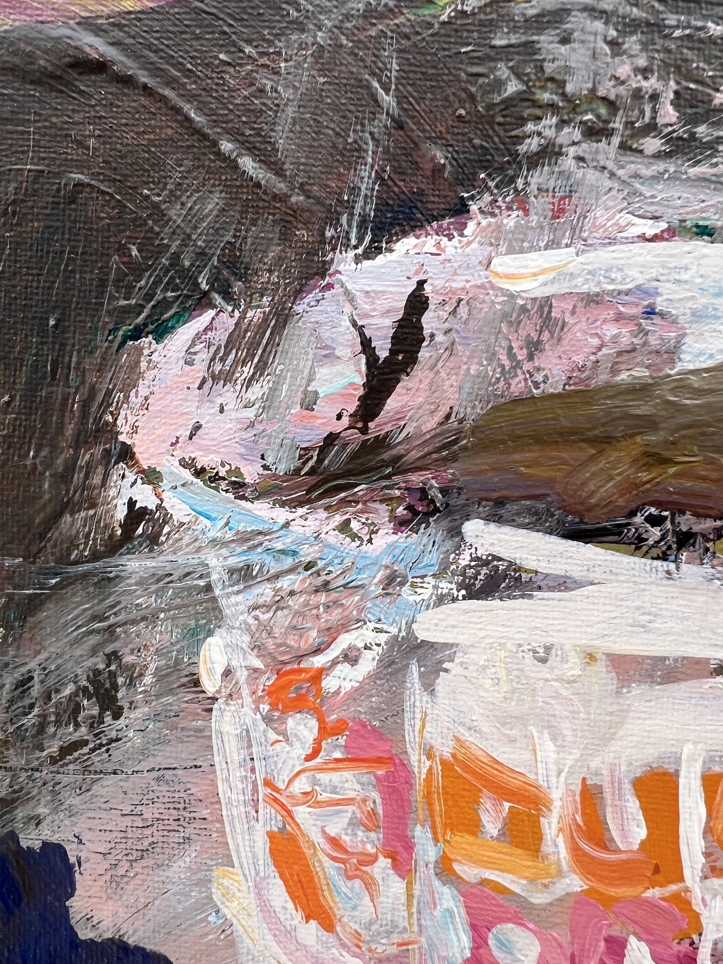 Detail view of Loose expressive original painting of Dunkin' Donuts coffee cup