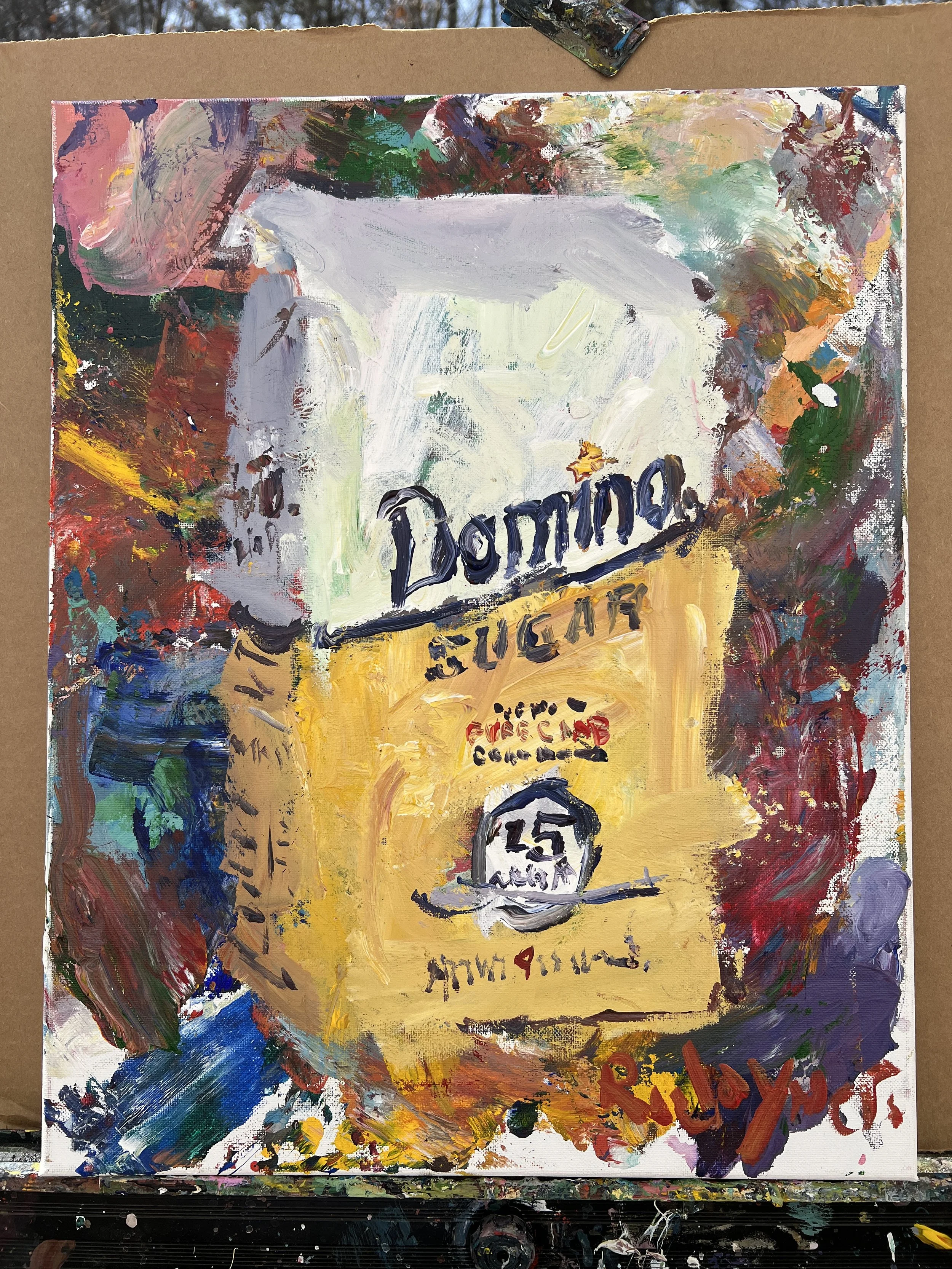 Bold expressive painting of Domino Pure Cane Sugar yellow bag with blue script, acrylics on 20x16 canvas - shows all edges