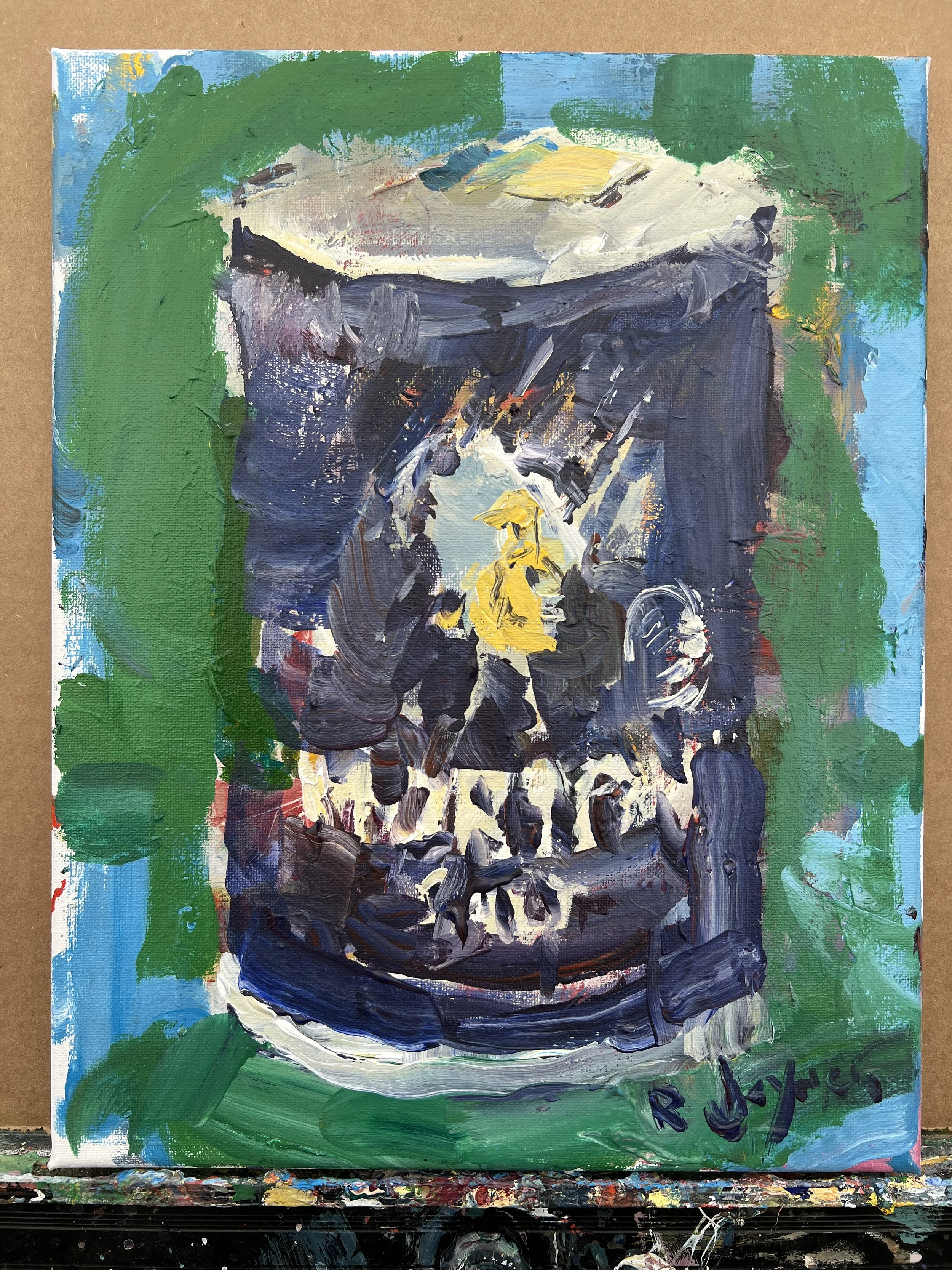 Bold expressive painting of Morton Salt blue canister with umbrella girl in navy blues and yellows with textured brushstrokes, acrylics on 14x11 canvas - classic kitchen wall art shoes all edges