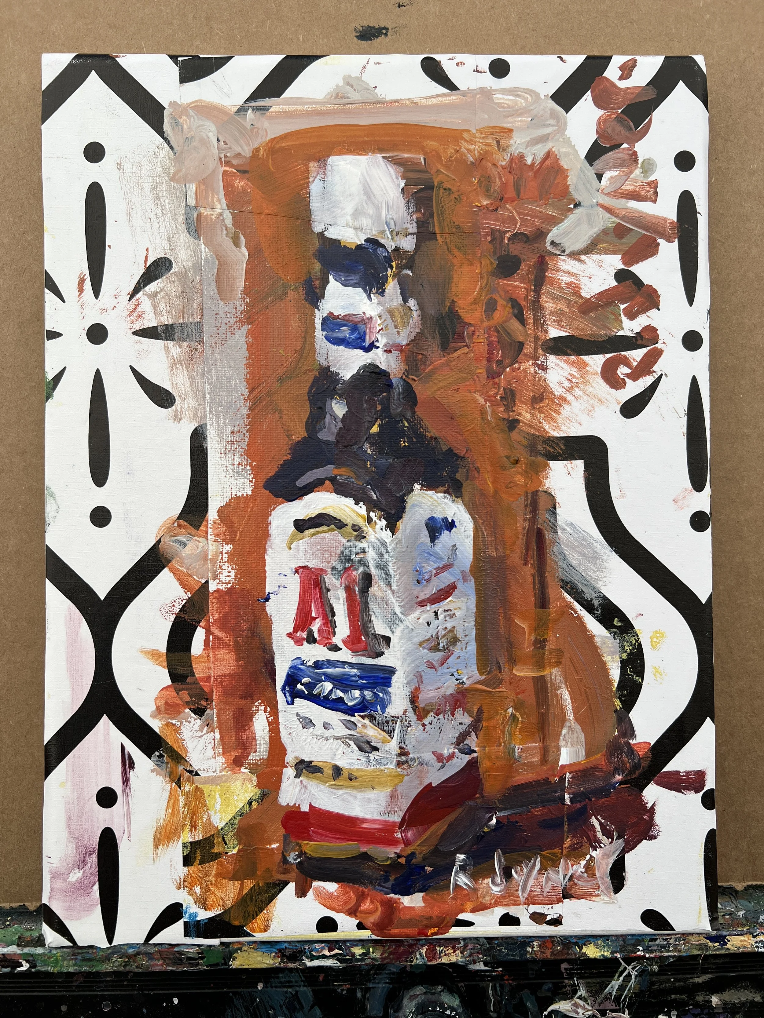 Bold expressive painting of A1 Steak Sauce bottle in rich browns and oranges with collage elements and textured brushstrokes, acrylics on 12x9 canvas - kitchen wall art shows all edges