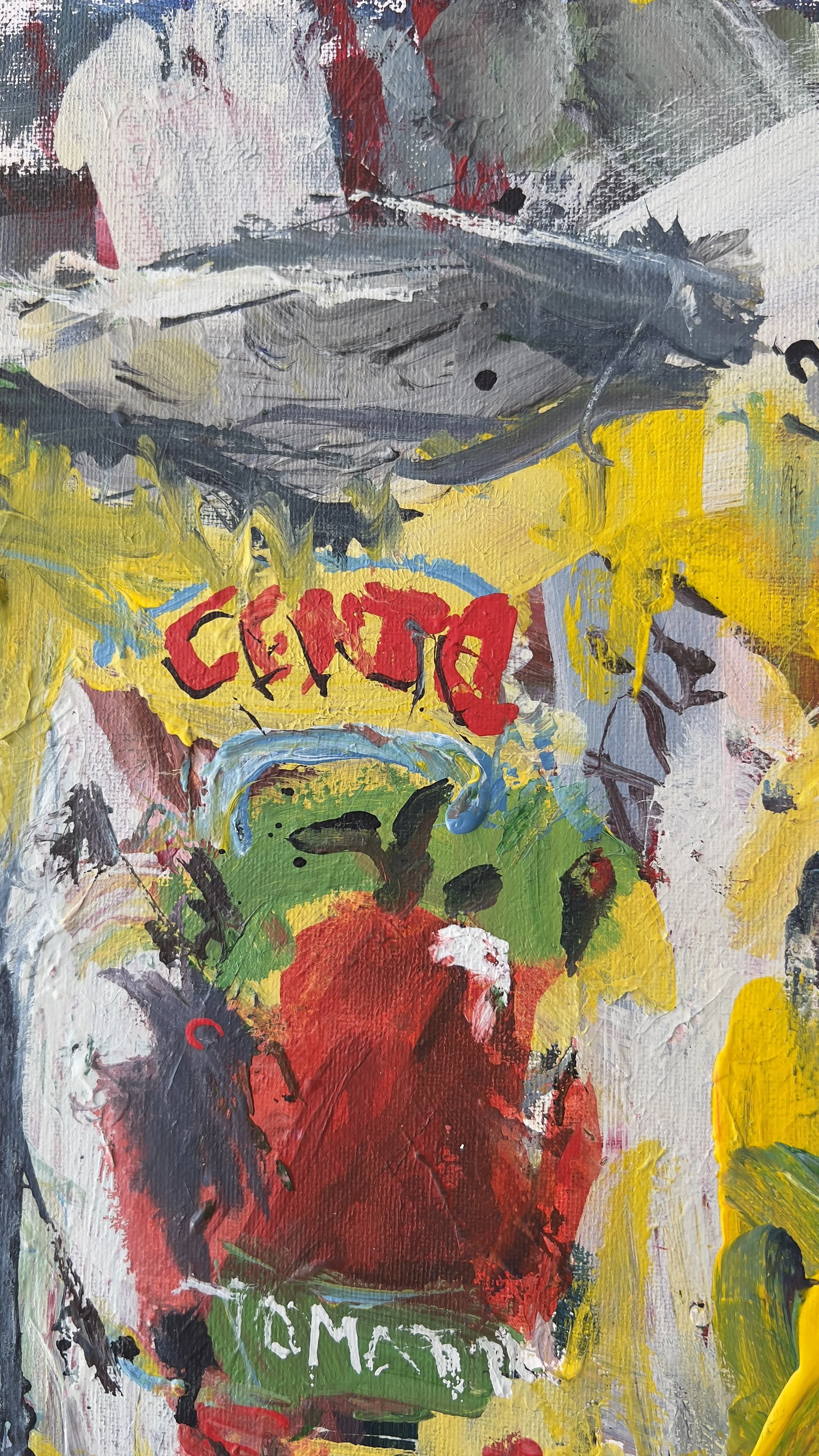 Alt Text: Colorful mixed media painting of three Cento tomato paste cans close up 3