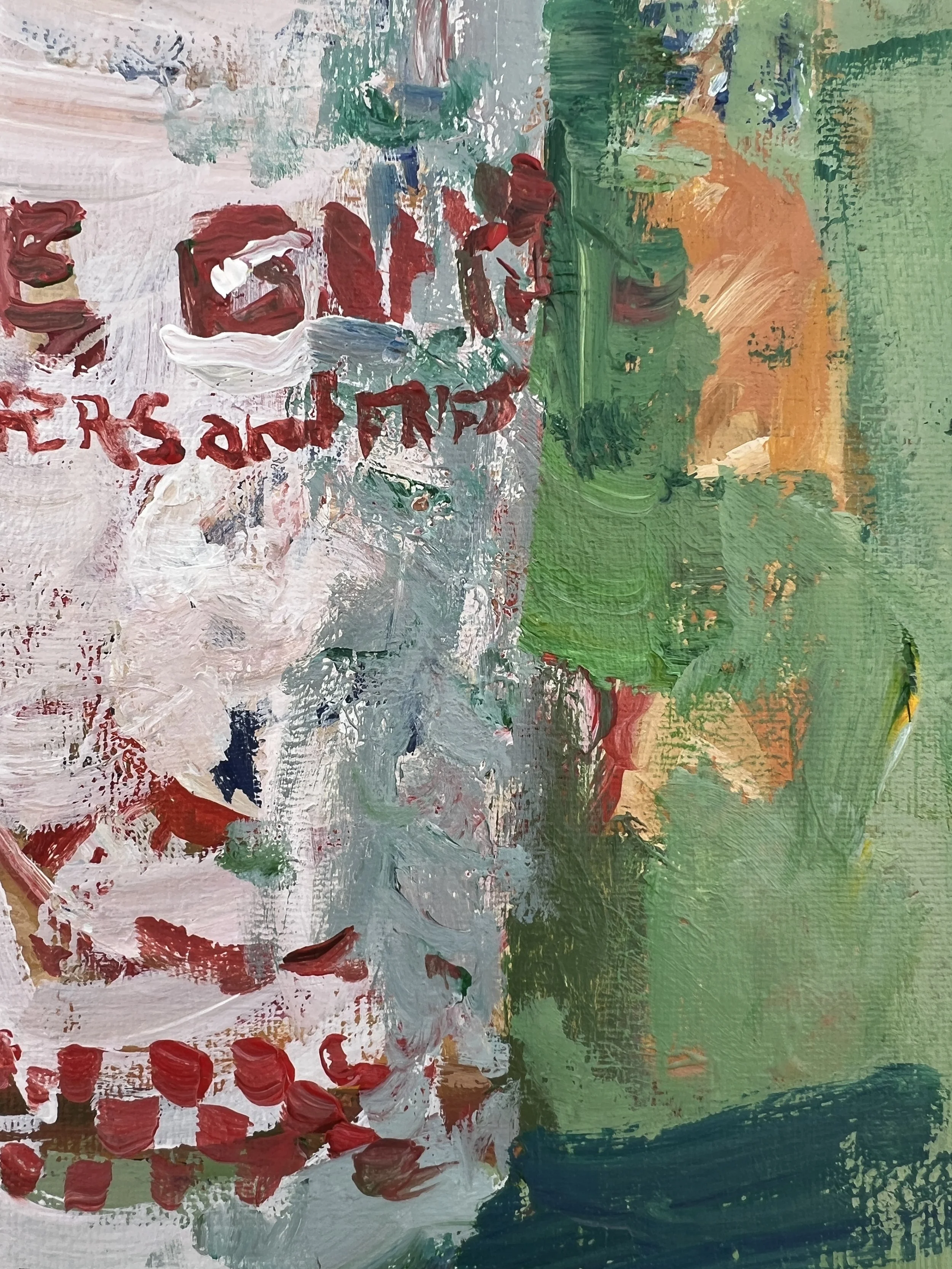 Loose expressive painting of Five Guys cup with red lettering and bold brushwork, acrylic on 12x9 canvas - close up 3