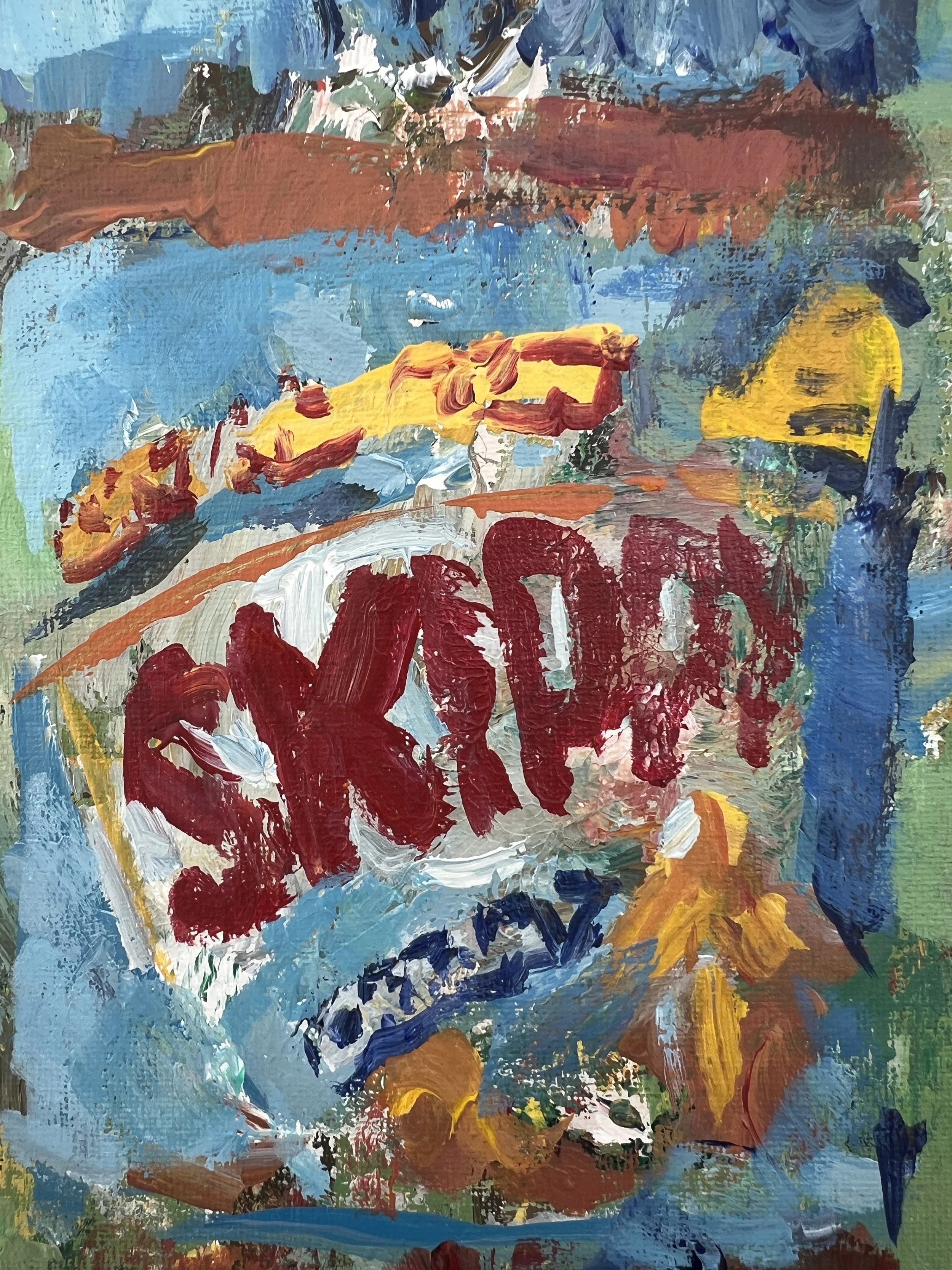 Loose expressive painting of Skippy peanut butter jar with bold red and blue label and textured brushwork, acrylic on 12x9 canvas - close up 3