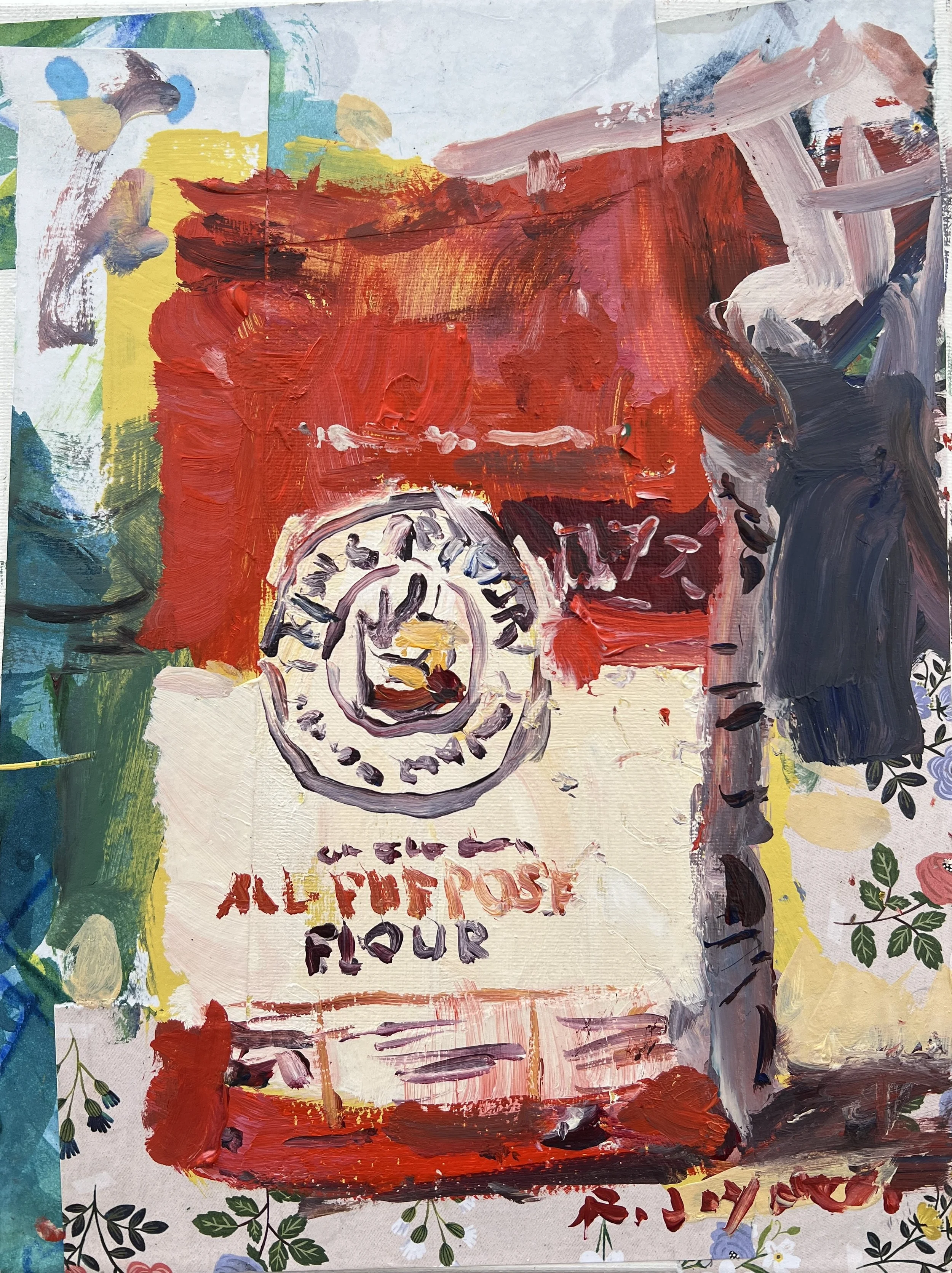 Bold expressive original painting of a King Arthur All Purpose Flour bag with red and white packaging, loose brushstrokes and layered acrylic and collage texture on 12x9 canvas kitchen art