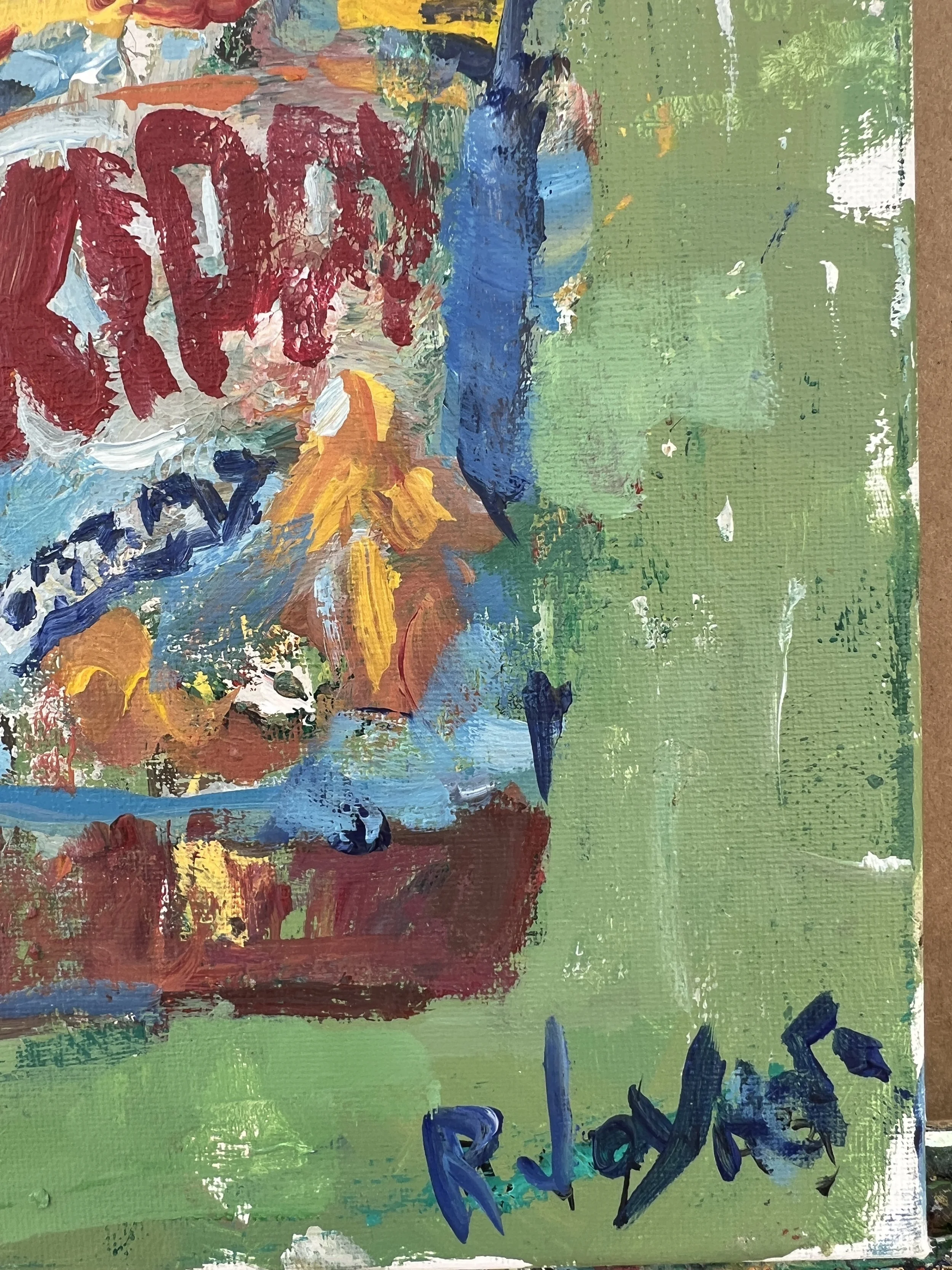 Loose expressive painting of Skippy peanut butter jar with bold red and blue label and textured brushwork, acrylic on 12x9 canvas - close up 5