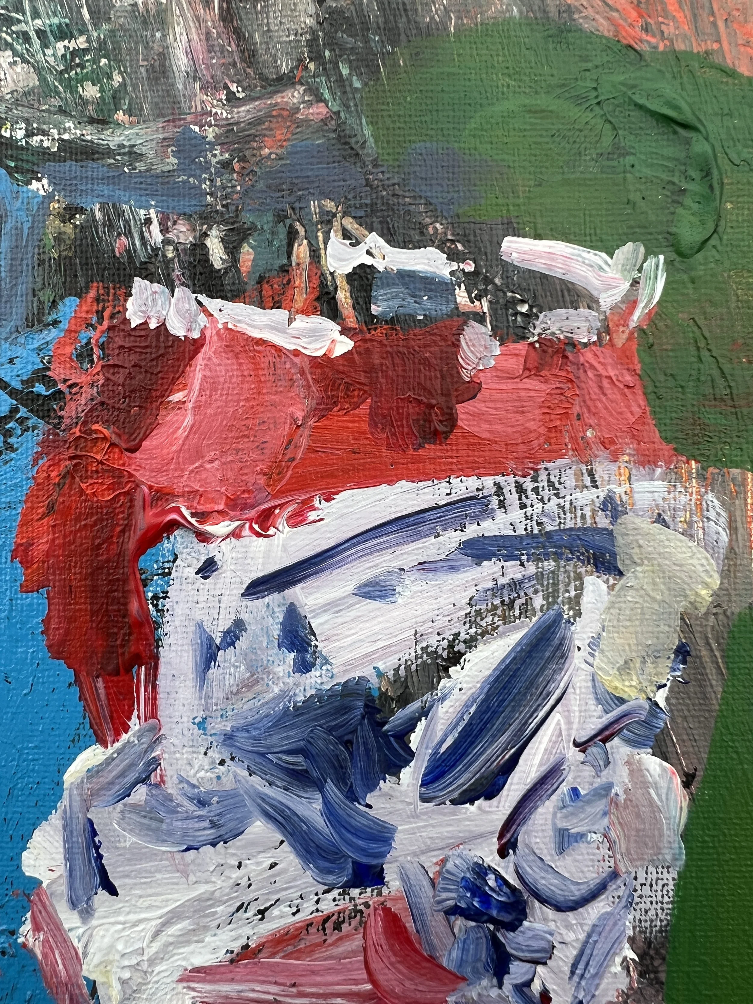 Detail view of Loose expressive acrylic painting of a Budweiser beer can