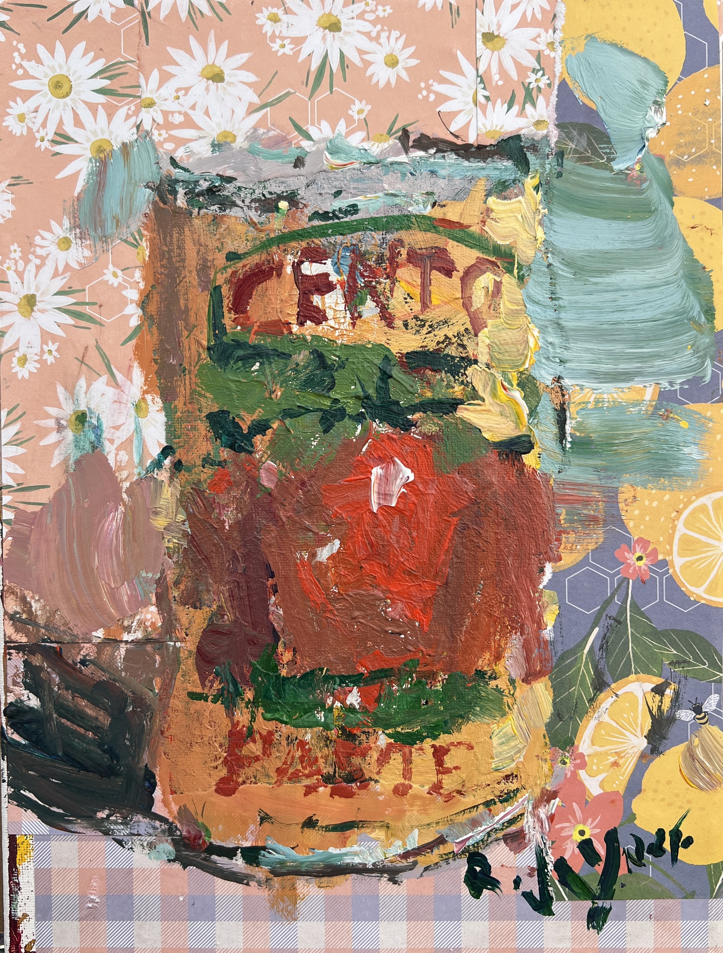 Loose expressive original painting of a Cento tomato paste can with mixed media collage on 12x9 canvas – painterly kitchen wall art